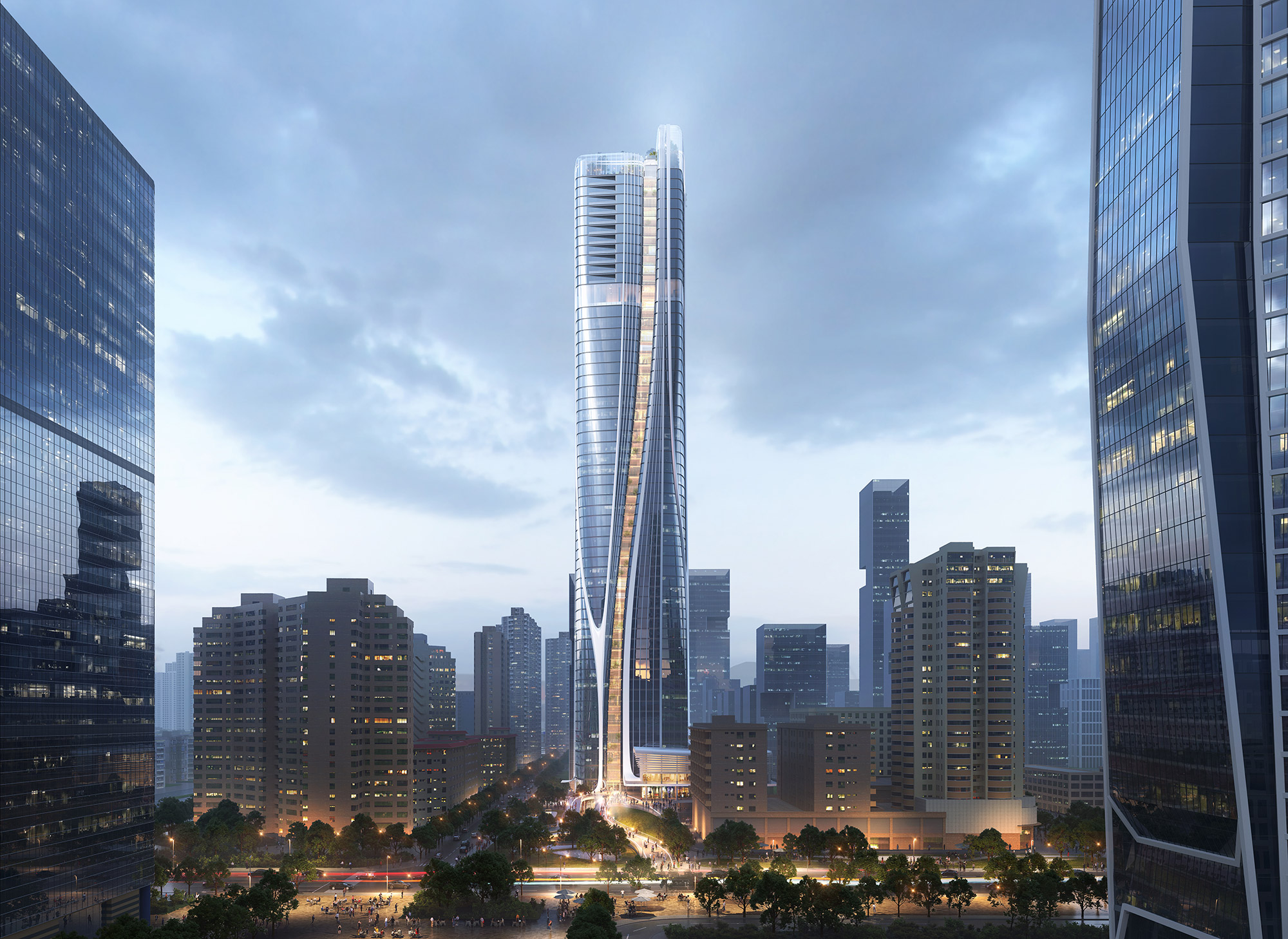 Aedas’ high‑rise office tower with sculpted glass façade rising above a lifted public plaza and urban event space. Urban skyline view of an Aedas‑designed office tower featuring a vertically sculpted glass curtain wall and a lifted podium level. The lower volumes are elevated to create a public plaza and multi‑functional event space beneath, while the tower rises above surrounding high‑rise developments within a dense metropolitan environment.