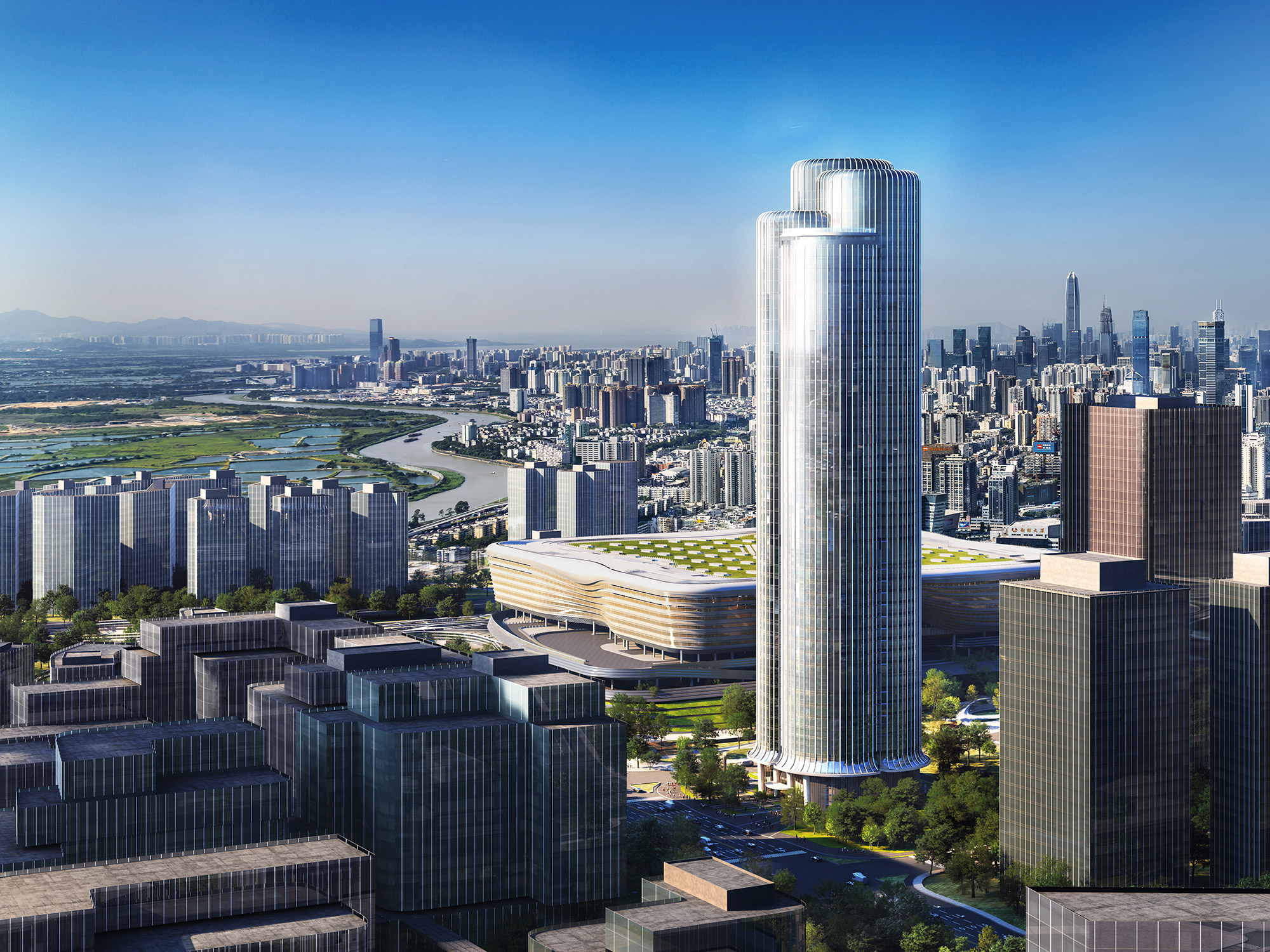Aedas’ Huanggang Port Headquarters with rounded glass tower, vertical fins and integrated transport podium in Shenzhen. Aerial daytime view of Aedas’ Huanggang Port Headquarters showing a 247‑metre office tower with rounded corners and continuous vertical façade fins. The tower rises from a multi‑level podium incorporating transportation decks and landscaped terraces. A fluid roof form spans adjacent port facilities, integrating vehicular circulation and public space within a dense urban context.