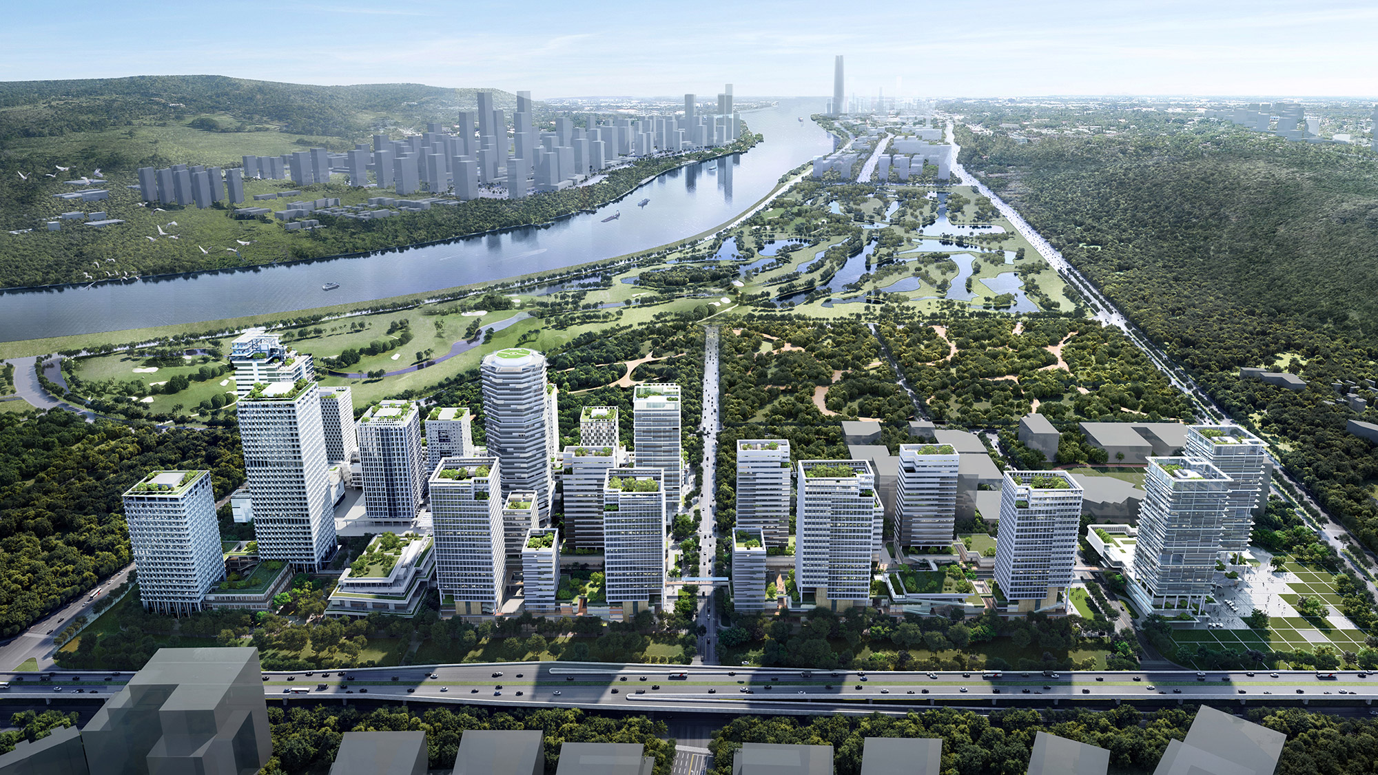Aedas’ Hengqin Science City Phase 3 Section 2 in Zhuhai with terraced towers, open-street spine and parkland. Aerial masterplan view of Aedas’ Hengqin Science City Phase 3 Section 2 in Zhuhai: mid- and high-rise blocks arranged along a central open-street axis, with multiple roof gardens and stepped terraces. The site fronts a major road and expands into a large riverside parkland landscape with water bodies.