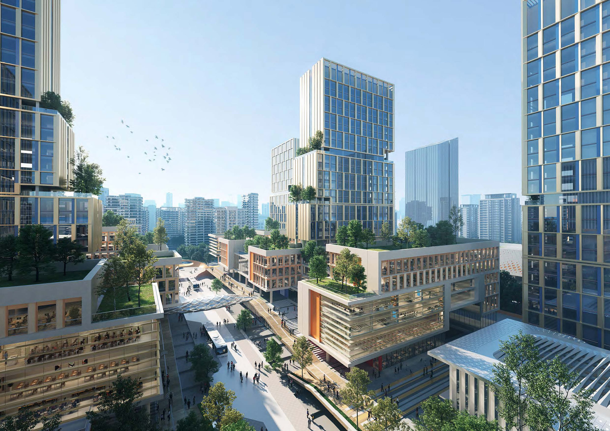 Aedas' TOD mixed-use towers in Chengdu Sancha with glazed façades, podium retail and rooftop terraces. Daytime aerial view of Aedas’ Chengdu Sancha transit-oriented development: stepped glass office towers above a mixed-use podium with perforated screen façades, sky bridges, and planted roof terraces. A central pedestrian corridor links blocks, street crossings, and bus access at the station-adjacent campus.