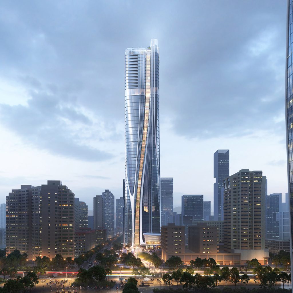 Aedas’ high‑rise office tower with sculpted glass façade rising above a lifted public plaza and urban event space. Urban skyline view of an Aedas‑designed office tower featuring a vertically sculpted glass curtain wall and a lifted podium level. The lower volumes are elevated to create a public plaza and multi‑functional event space beneath, while the tower rises above surrounding high‑rise developments within a dense metropolitan environment.