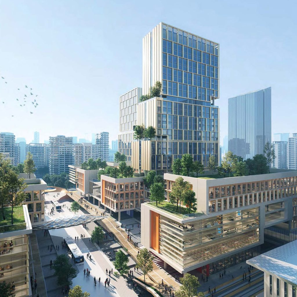 Aedas' TOD mixed-use towers in Chengdu Sancha with glazed façades, podium retail and rooftop terraces. Daytime aerial view of Aedas’ Chengdu Sancha transit-oriented development: stepped glass office towers above a mixed-use podium with perforated screen façades, sky bridges, and planted roof terraces. A central pedestrian corridor links blocks, street crossings, and bus access at the station-adjacent campus.
