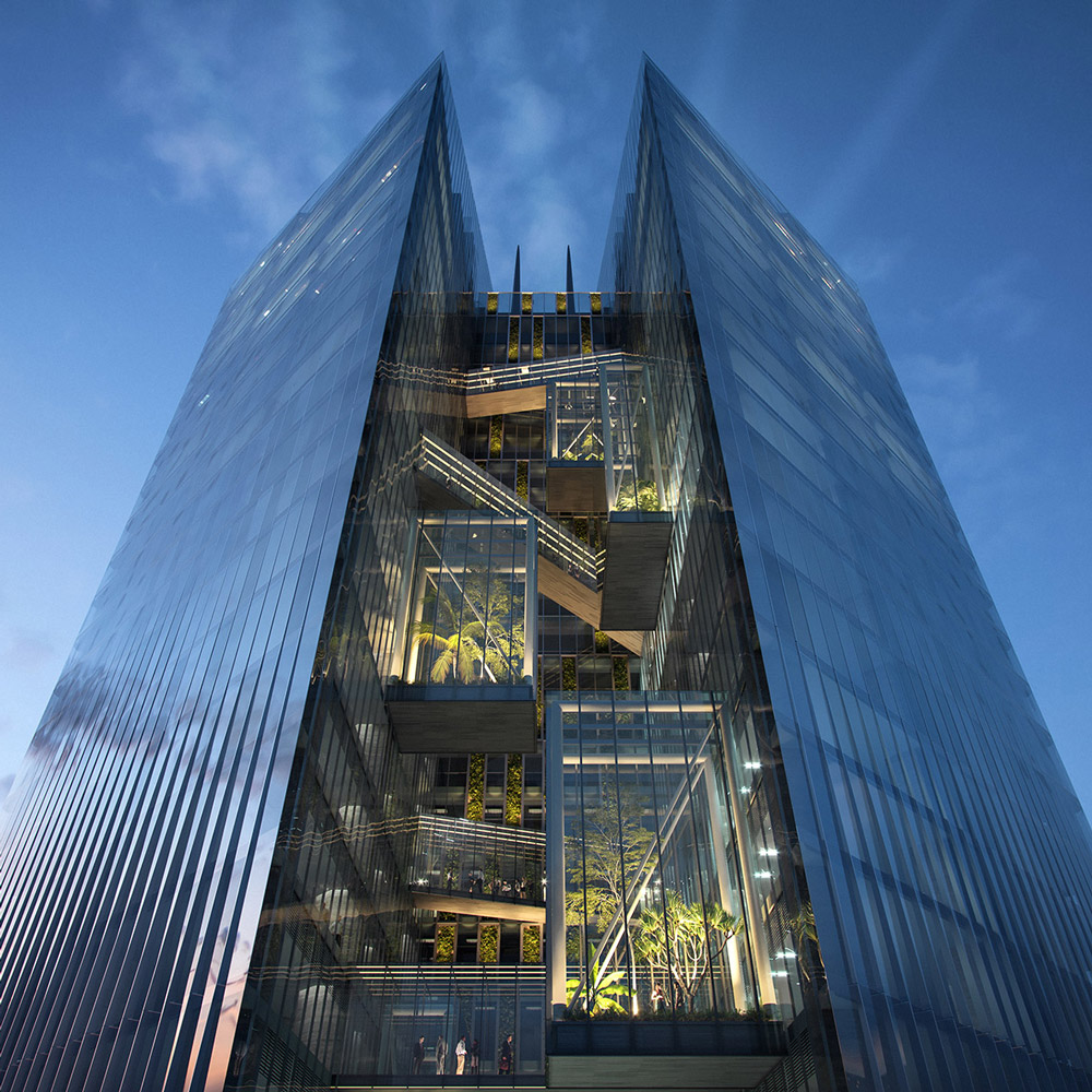 Aedas’ Taichung Commercial Bank headquarters with twin glass towers and suspended sky boxes within a central vertical void. Low‑angle dusk view of Aedas’ mixed‑use twin towers in Taichung, separated by a central vertical void. The façades are unitised glass curtain walls. Transparent sky boxes bridge between the towers, housing shared facilities and planted terraces. Linear lighting traces circulation paths, articulating the void and vertical massing in a subtropical urban context.