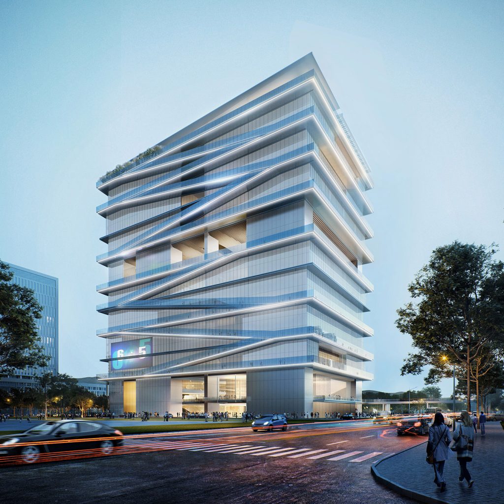 Aedas’ International Sports and Cultural Exchange Centre with stacked glazed volumes and integrated vertical running track in Shenzhen. Street-level view of Aedas’ high-rise civic building in Futian, Shenzhen, composed of stacked horizontal volumes with continuous glass curtain walls. A diagonal external circulation band wraps the façade, forming a vertical running track. The building integrates a ground-level plaza, multi-storey public floors, and setback terraces within a dense subtropical urban setting.