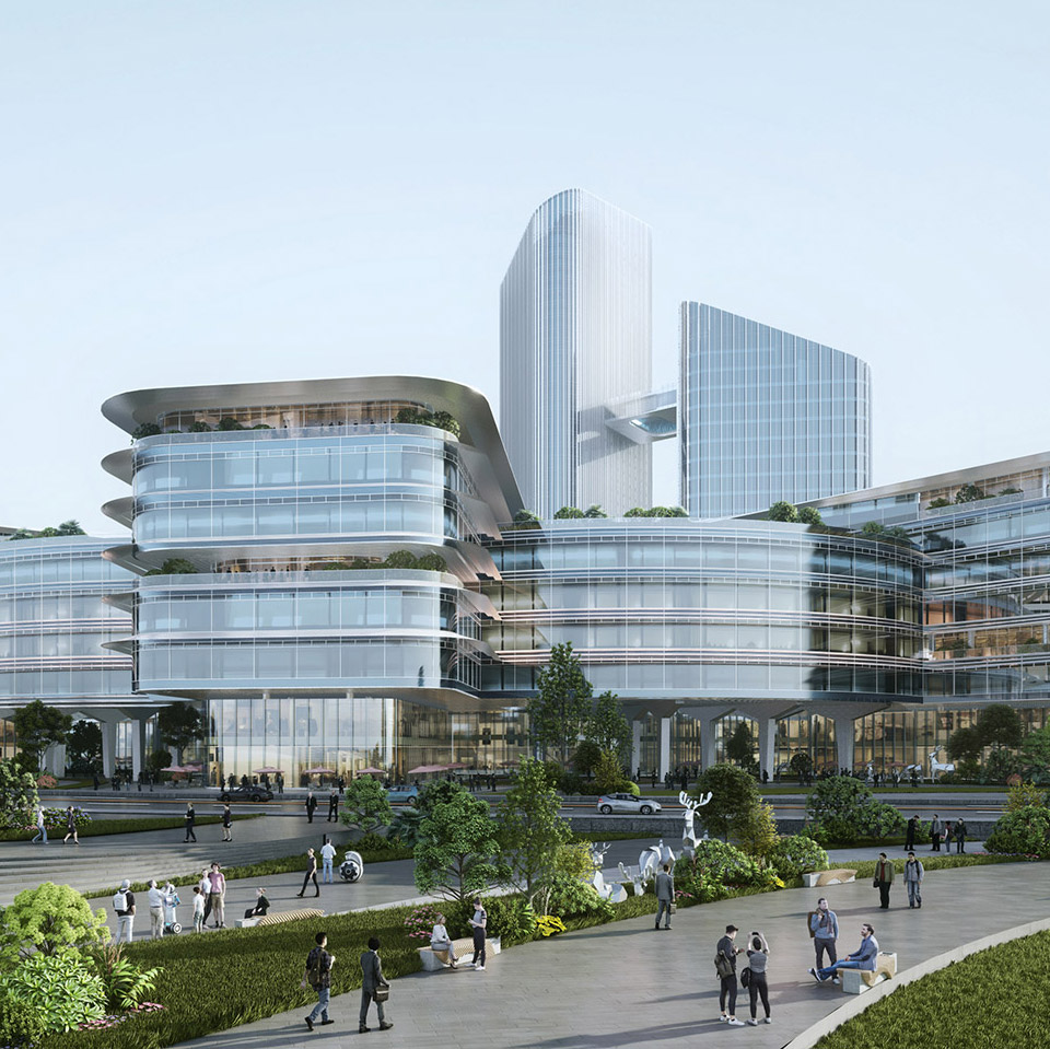 Aedas-designed office campus with glass-clad towers, deep horizontal canopies and a central landscaped corporate plaza. Perspective view of an Aedas-designed corporate office development with multiple mid-rise glass towers arranged around a central public plaza. The façades use wide-format glazing combined with deep horizontal canopy elements for solar control. Landscaped terraces, stepped podium levels and pedestrian circulation zones define a campus-like urban core.