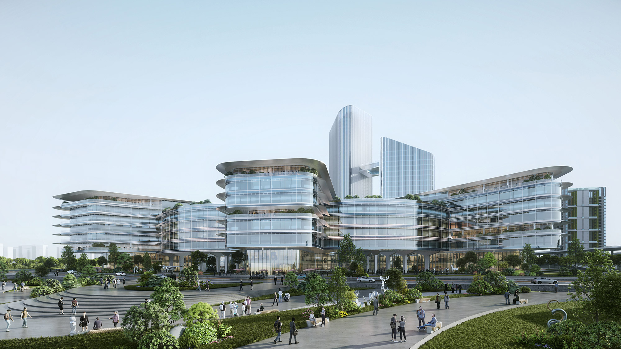 Aedas-designed office campus with glass-clad towers, deep horizontal canopies and a central landscaped corporate plaza. Perspective view of an Aedas-designed corporate office development with multiple mid-rise glass towers arranged around a central public plaza. The façades use wide-format glazing combined with deep horizontal canopy elements for solar control. Landscaped terraces, stepped podium levels and pedestrian circulation zones define a campus-like urban core.