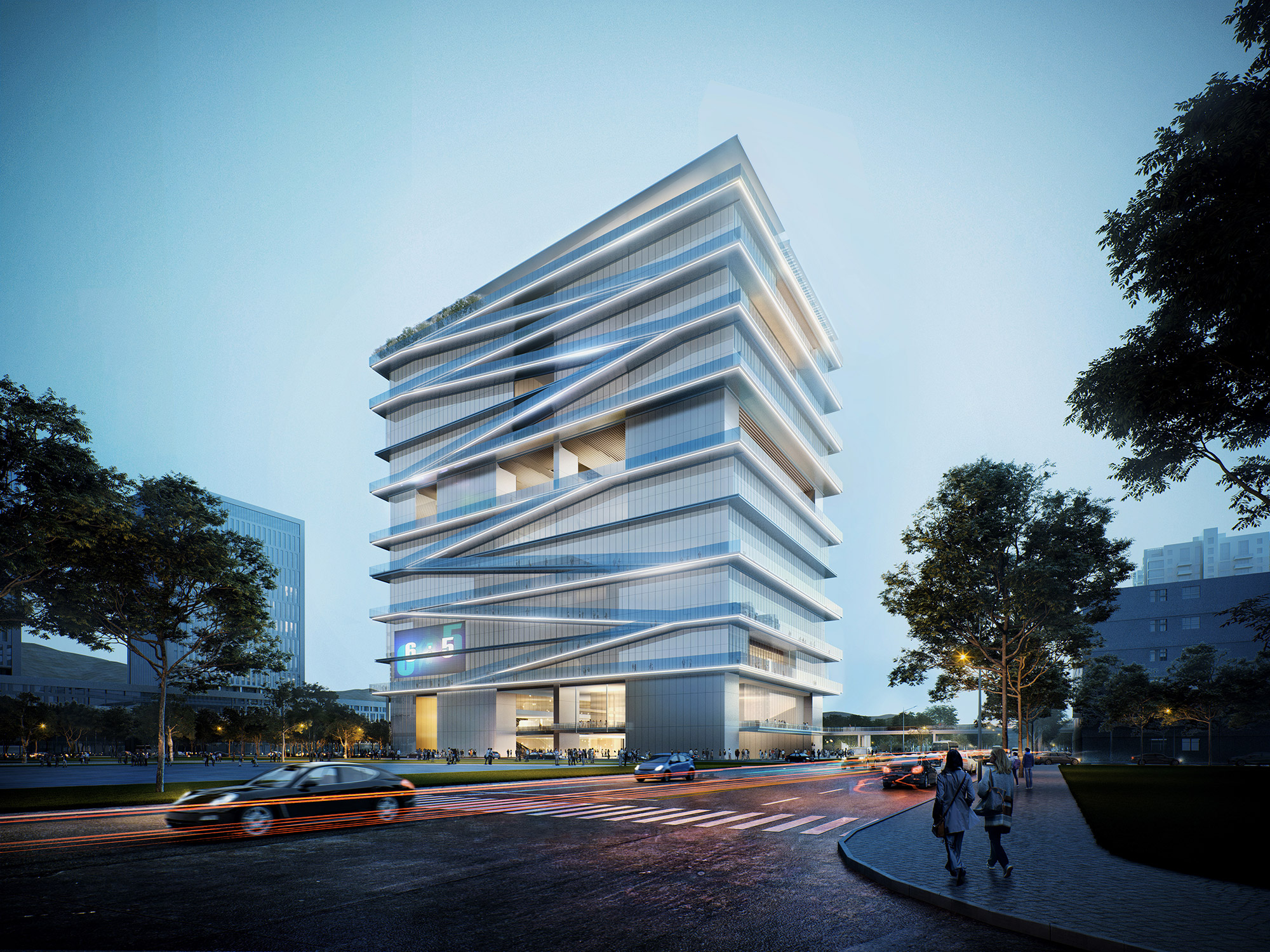 Aedas’ International Sports and Cultural Exchange Centre with stacked glazed volumes and integrated vertical running track in Shenzhen. Street-level view of Aedas’ high-rise civic building in Futian, Shenzhen, composed of stacked horizontal volumes with continuous glass curtain walls. A diagonal external circulation band wraps the façade, forming a vertical running track. The building integrates a ground-level plaza, multi-storey public floors, and setback terraces within a dense subtropical urban setting.