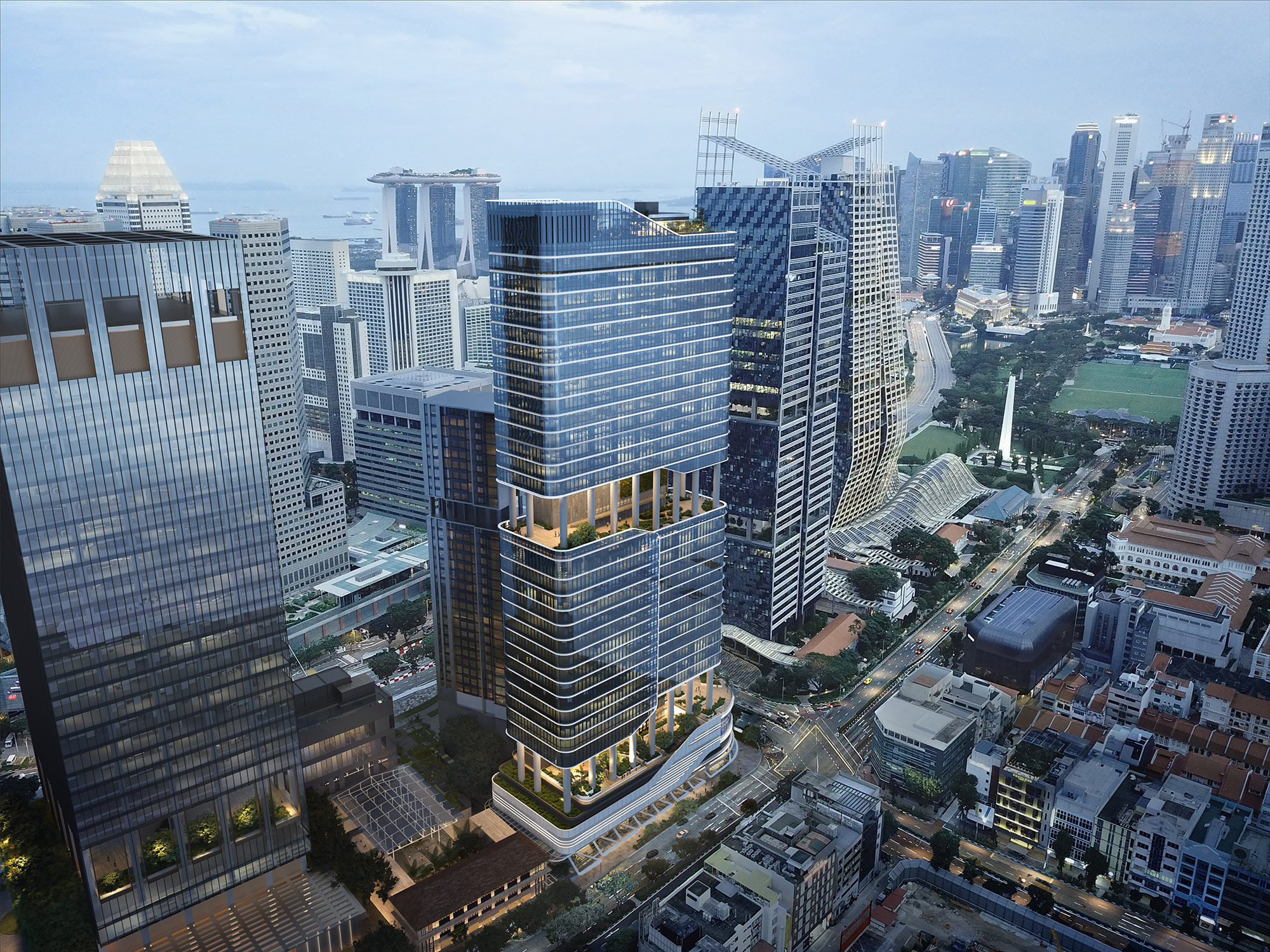 Aedas’ Shaw Tower redevelopment in Singapore with layered curved glass façade and sky terraces at Beach Road. Aerial rendering of the Aedas‑designed Shaw Tower Redevelopment in Singapore, showing a high‑rise mixed‑commercial tower with a curved, layered form and floor‑to‑ceiling glass curtain wall. The building integrates stepped sky terraces, a landscaped podium and public ground‑level connections, positioned at the intersection of Beach Road and Middle Road within the dense CBD skyline.