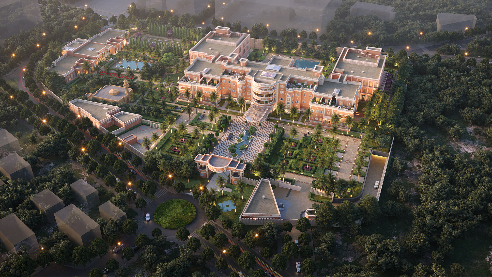 Aedas’ Red Palace boutique hotel with heritage courtyard layout, stone façades and landscaped gardens in Riyadh. Aerial view of the Aedas‑designed Red Palace Boutique Hotel in Riyadh, showing a low‑rise palace complex organised around formal courtyards and axial garden paths. The development features solid masonry façades with symmetrical wings, shaded arcades, internal landscaped courtyards and perimeter gardens, reconfigured within the historic palace grounds in a hot desert climate.