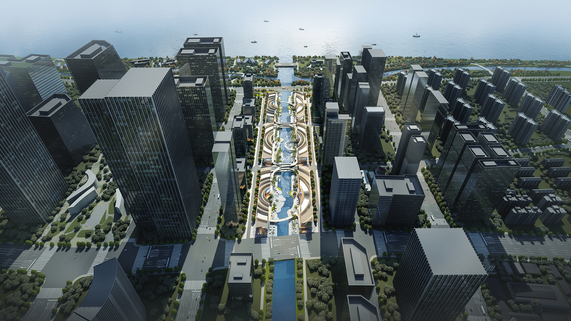 Aedas’ Hangzhou Qianjiang Century City Riverside Digital Industrial Park - riverside retail centre with ripple-shaped public promenade, water features and high-rise context. Aerial masterplan view of Hangzhou Riverfront Digital Industrial Park by Aedas and ZIAD, showing a long linear riverside site divided into multiple plots and linked by a continuous “ripple” circulation spine. The central corridor integrates elongated water basins, bridges and stepped public terraces between surrounding tower blocks.