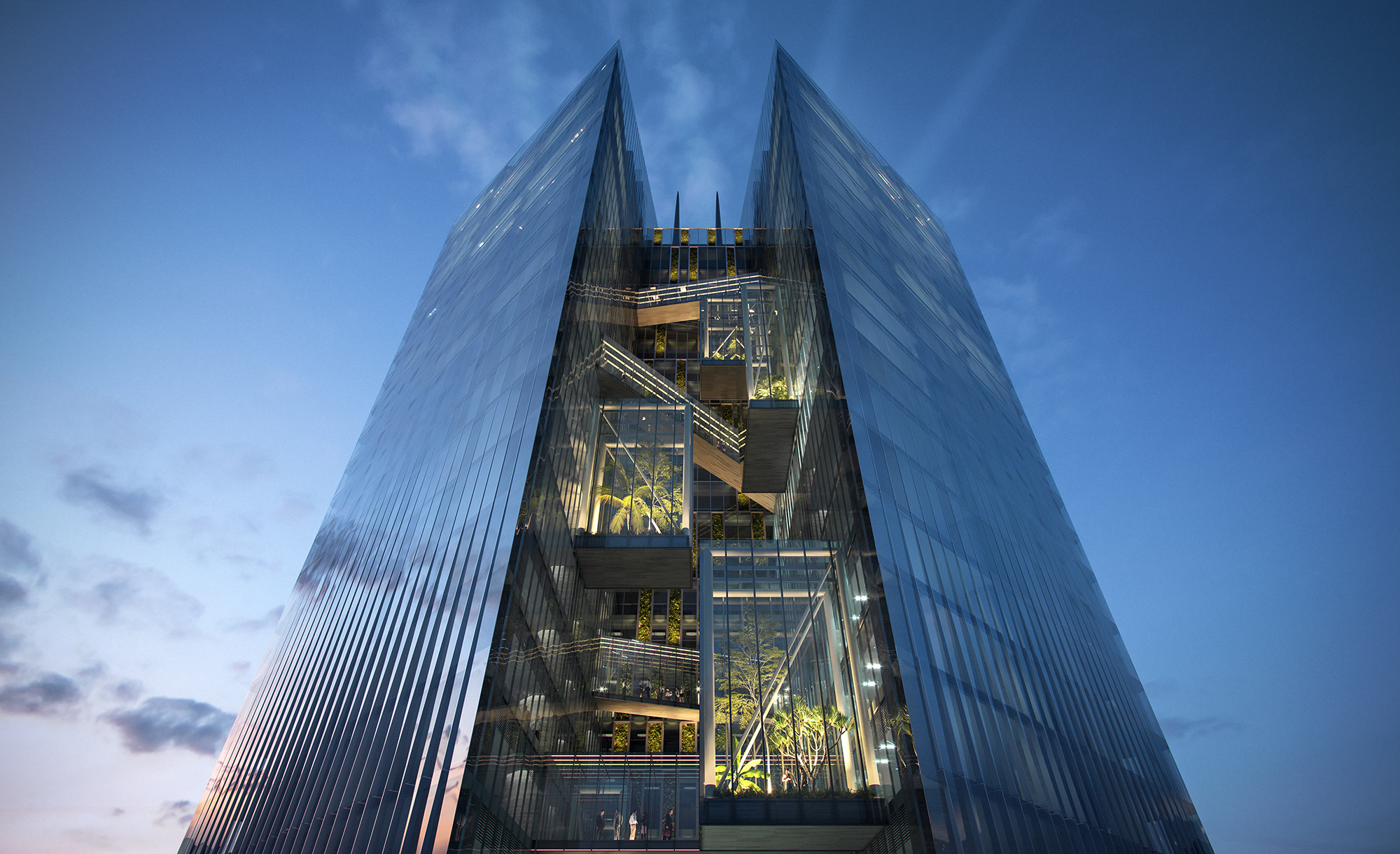 Aedas’ Taichung Commercial Bank headquarters with twin glass towers and suspended sky boxes within a central vertical void. Low‑angle dusk view of Aedas’ mixed‑use twin towers in Taichung, separated by a central vertical void. The façades are unitised glass curtain walls. Transparent sky boxes bridge between the towers, housing shared facilities and planted terraces. Linear lighting traces circulation paths, articulating the void and vertical massing in a subtropical urban context.