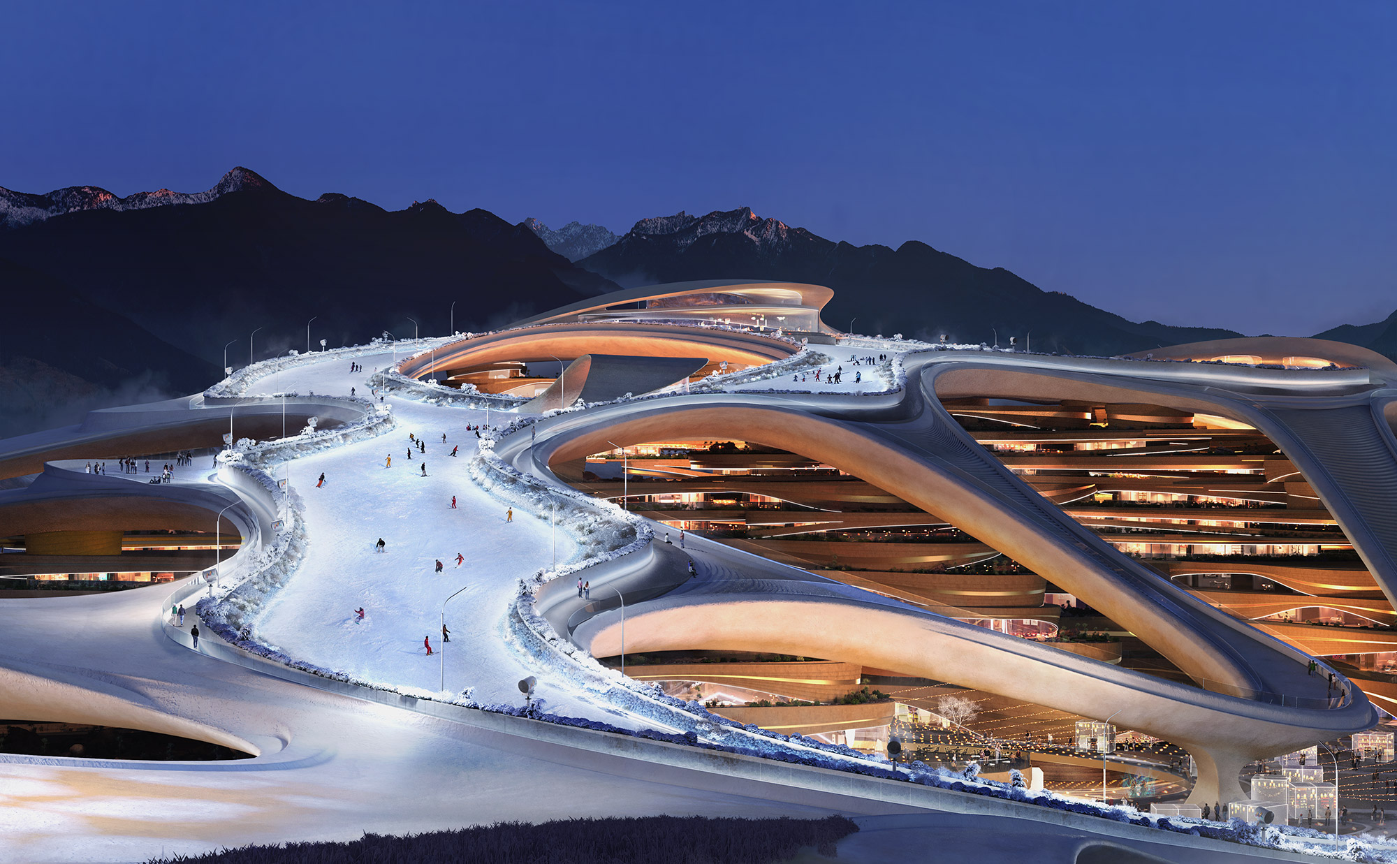 Aedas’ Trojena Ski Village with terraced mixed‑use volumes and integrated ski slopes in a mountainous desert landscape in Saudi Arabia. Aerial dusk view of Aedas’s Trojena Ski Village showing terraced mixed‑use structures embedded into a mountain setting. Curvilinear roof decks and layered podiums integrate ski slopes and pedestrian paths. The architecture uses continuous horizontal slabs, large glazed openings, and integrated lighting, forming a year‑round alpine resort within NEOM’s high‑altitude desert terrain.