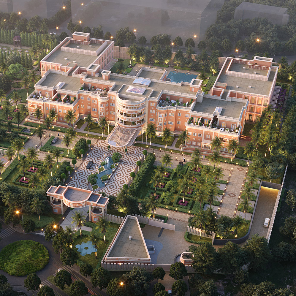 Aedas’ Red Palace boutique hotel with heritage courtyard layout, stone façades and landscaped gardens in Riyadh. Aerial view of the Aedas‑designed Red Palace Boutique Hotel in Riyadh, showing a low‑rise palace complex organised around formal courtyards and axial garden paths. The development features solid masonry façades with symmetrical wings, shaded arcades, internal landscaped courtyards and perimeter gardens, reconfigured within the historic palace grounds in a hot desert climate.