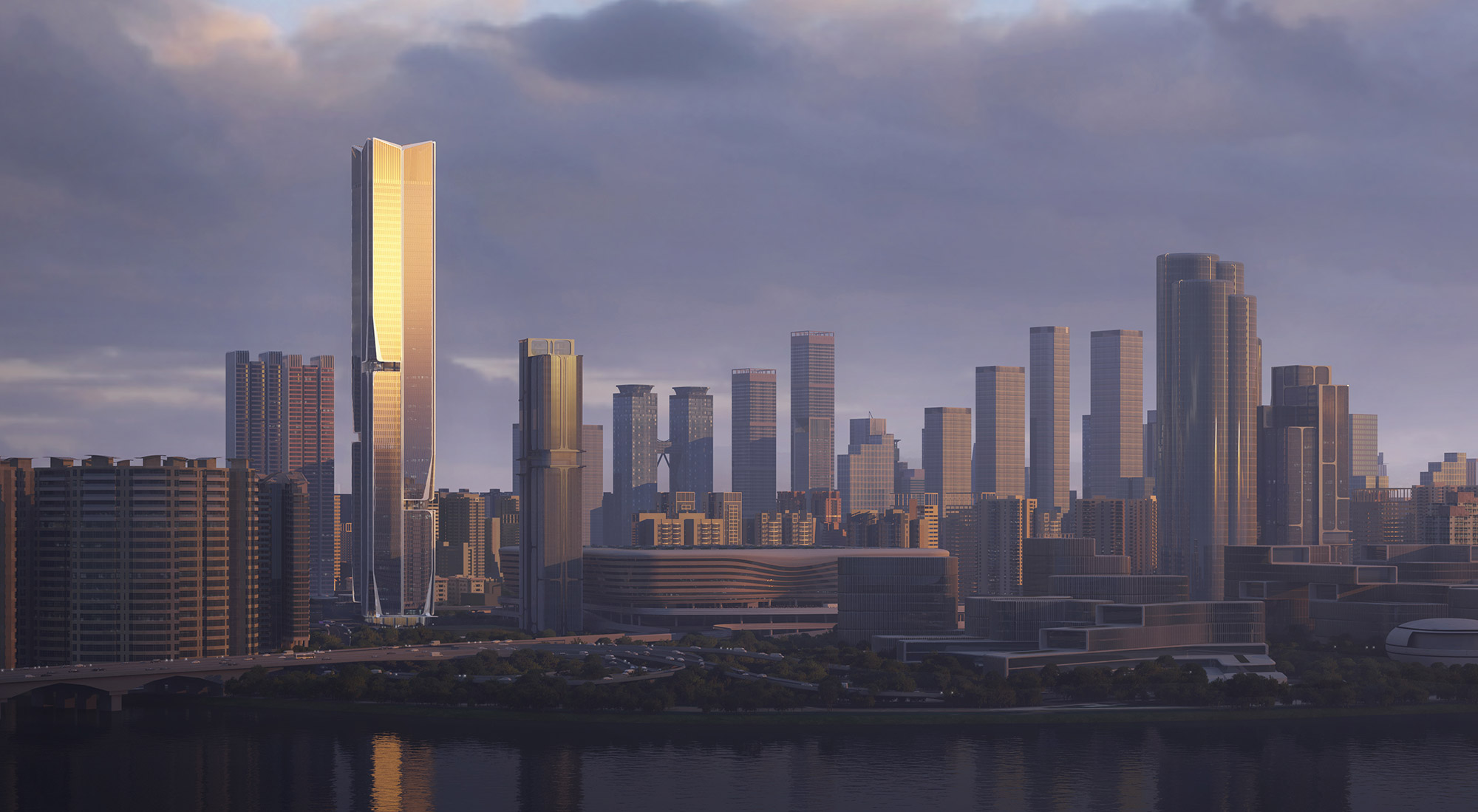 Aedas’ Cooperation Zone East Wing tower with layered curtain wall façade anchoring a mixed‑use business hub in Shenzhen. Dusk skyline view of an Aedas‑designed mixed‑use complex featuring a slender Grade‑A office tower with layered glass curtain walls. The tower rises from a podium integrating retail and public spaces, alongside two residential towers. The development fronts a waterfront edge with surrounding high‑rise buildings, positioned at a major cross‑boundary urban centre between Shenzhen and Hong Kong.