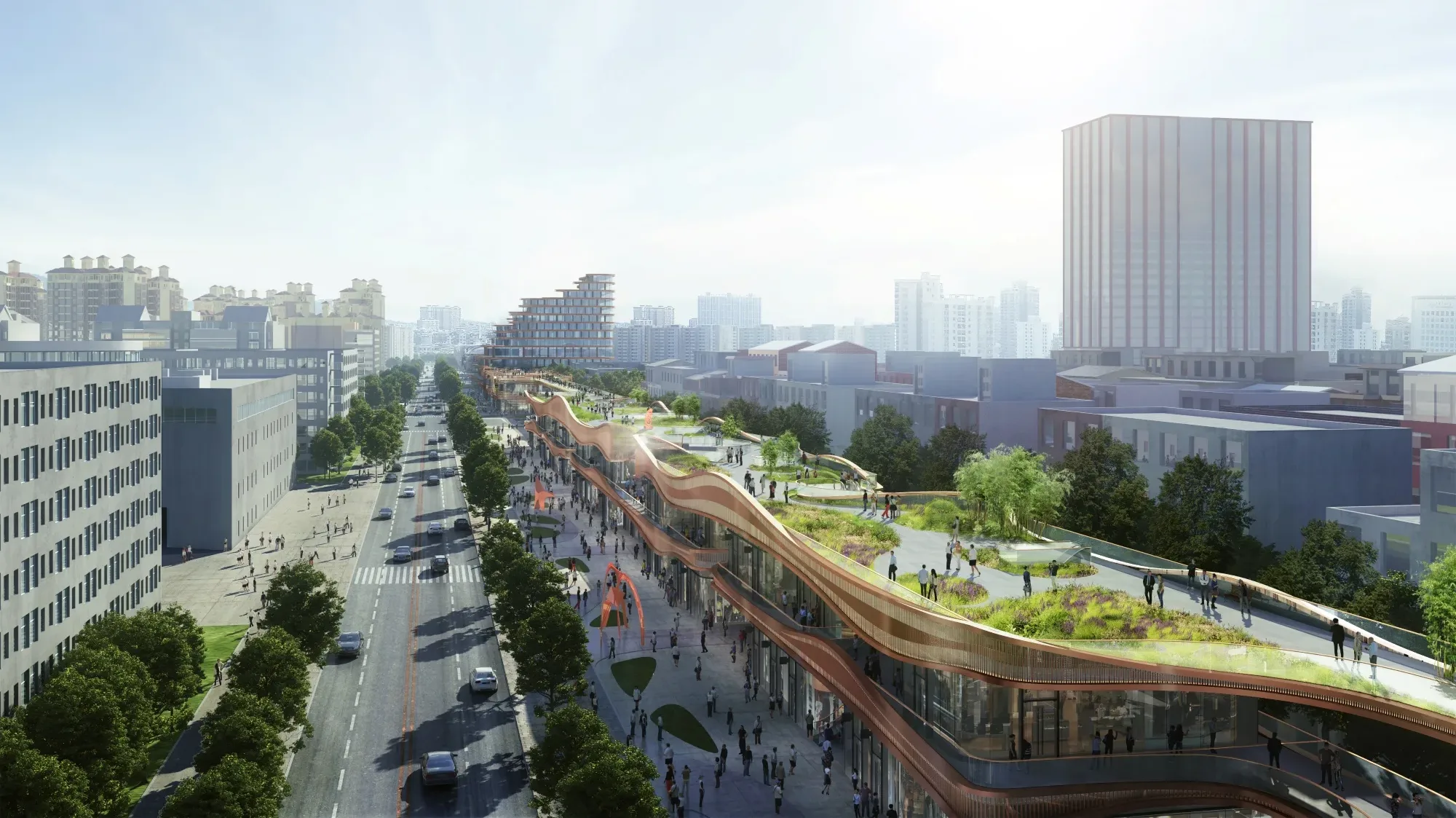 Aedas’ Chengdu Hyperlane is shown as a 2.4‑kilometre elevated green corridor weaving above a major urban artery, with flowing, ribbon‑like buildings supporting retail and creative uses beneath a landscaped sky park. The image highlights cascading terraces, public art, and an amphitheatre embedded within a continuous linear promenade, creating a vibrant live‑work‑leisure spine that stitches together neighbourhoods and activates the city at multiple levels.