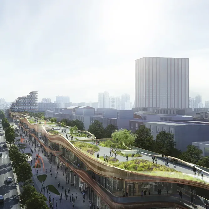 Aedas’ Chengdu Hyperlane is shown as a 2.4‑kilometre elevated green corridor weaving above a major urban artery, with flowing, ribbon‑like buildings supporting retail and creative uses beneath a landscaped sky park. The image highlights cascading terraces, public art, and an amphitheatre embedded within a continuous linear promenade, creating a vibrant live‑work‑leisure spine that stitches together neighbourhoods and activates the city at multiple levels.