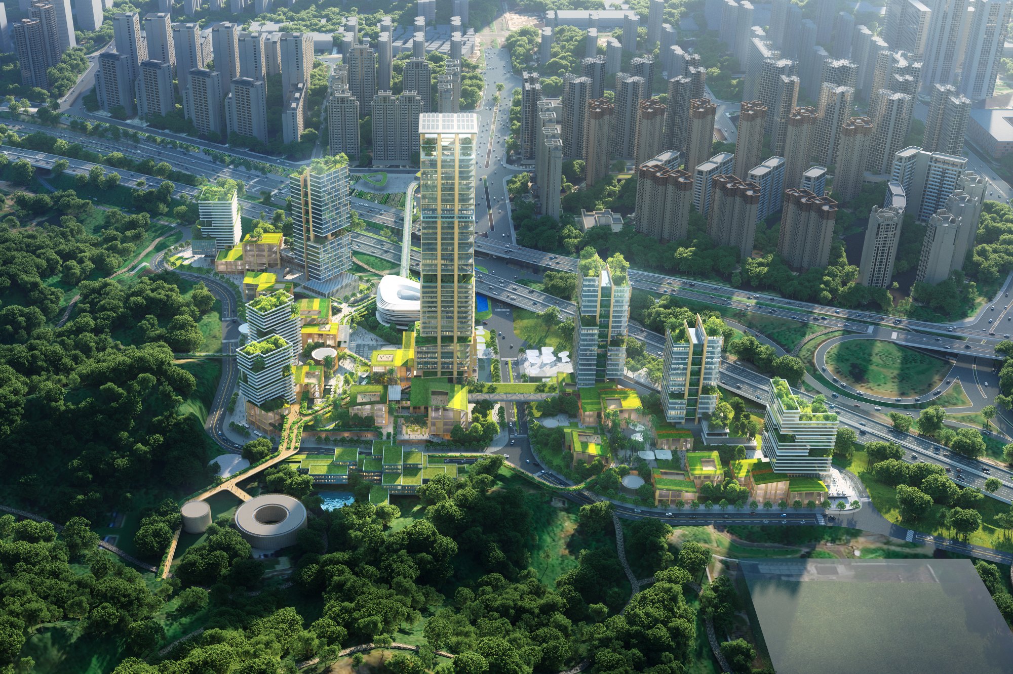 Aedas’ mixed‑use eco‑park with green‑roof towers, pedestrian corridors and integrated landscape in Shenzhen‑Hong Kong zone. Aerial view of an Aedas‑designed mixed‑use park featuring multiple mid‑ and high‑rise towers with stepped massing and extensive green roofs. Buildings are connected by elevated pedestrian links and shaded walkways. The development integrates open lawns, tree‑lined corridors and water features, forming a continuous landscape network within a dense metropolitan setting.