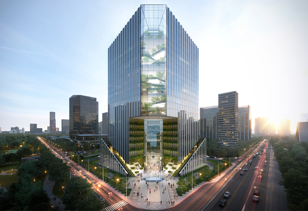 Aedas’ Jiaozi Park B07 headquarters tower with faceted glass curtain wall and lifted public plaza in Chengdu. Aerial view of an Aedas‑designed headquarters office tower in Chengdu’s Jiaozi Park Business District, featuring a symmetrical, faceted massing wrapped in floor‑to‑ceiling glass curtain wall. The tower rises above a landscaped, lifted podium that opens into a central public plaza, framed by tree‑lined boulevards and surrounding office developments.