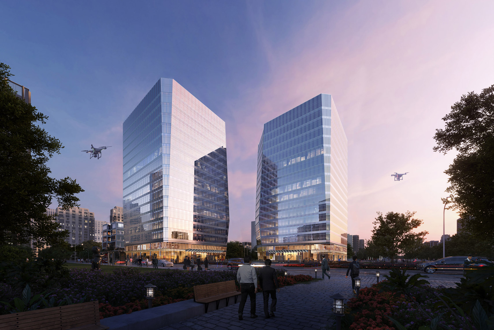 Aedas’ Shougang Southeast Parcel 769 twin Grade‑A office towers with faceted glass façades and shared podium plaza. Dusk‑time street view of Aedas‑designed Shougang Southeast Parcel 769 in Beijing, showing two high‑rise office towers with chamfered corners and floor‑to‑ceiling glass curtain walls. The twin towers rise from a low‑rise podium with transparent ground‑floor frontage, forming a unified corporate headquarters setting framed by landscaped public space and surrounding urban development.