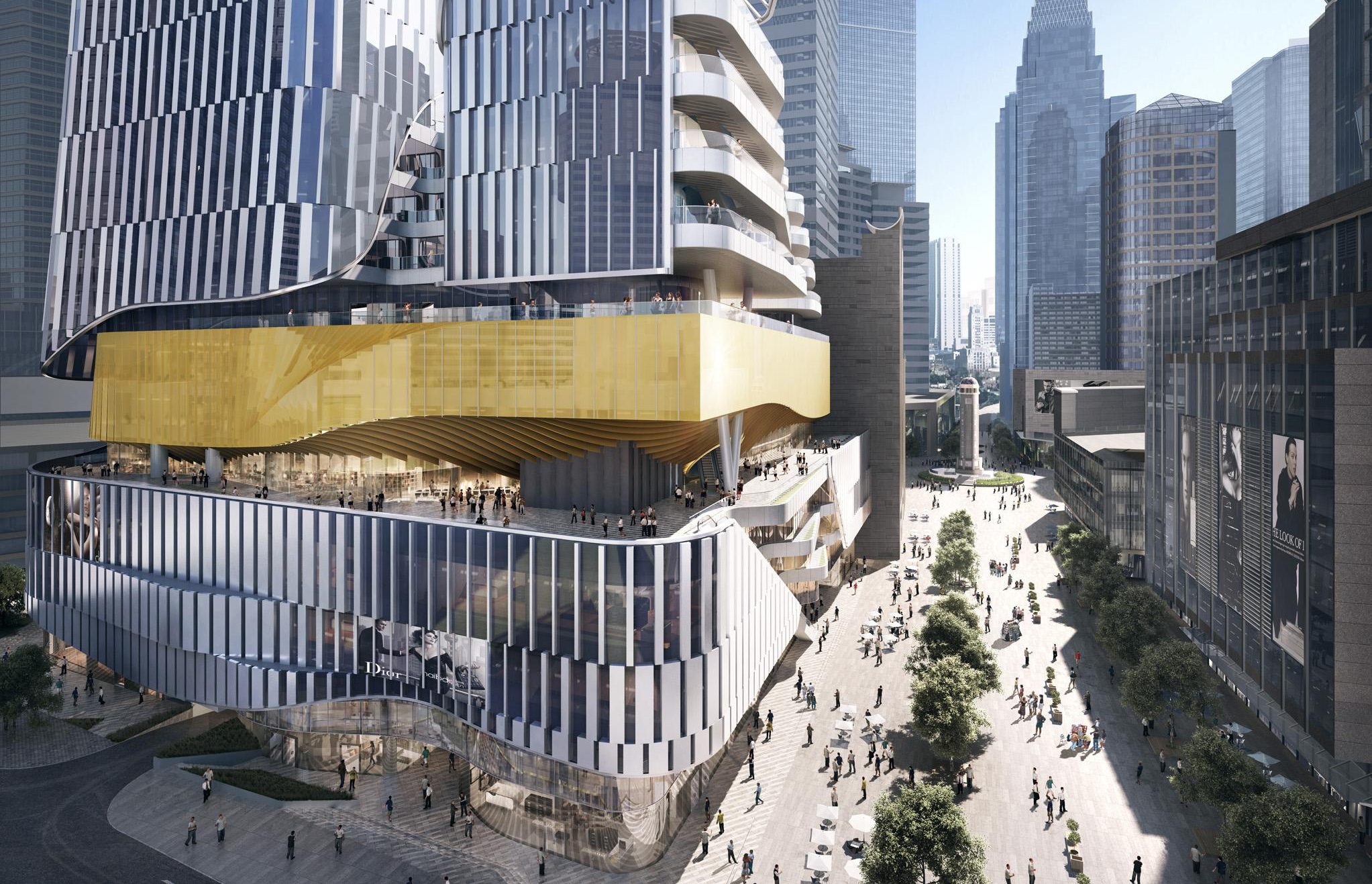 Aedas’ Jiefangbei Book City with stepped terrace podium, golden cultural volume and mixed‑use towers in Chongqing. Elevated exterior view of the Aedas‑designed Chongqing Jiefangbei Book City, showing a mixed‑use complex with vertically articulated towers rising from a stepped podium. The podium features layered terraces and a golden, curved cultural volume housing bookstore functions, while glass‑clad façades, balconies and pedestrian platforms integrate the building with surrounding CBD streets.