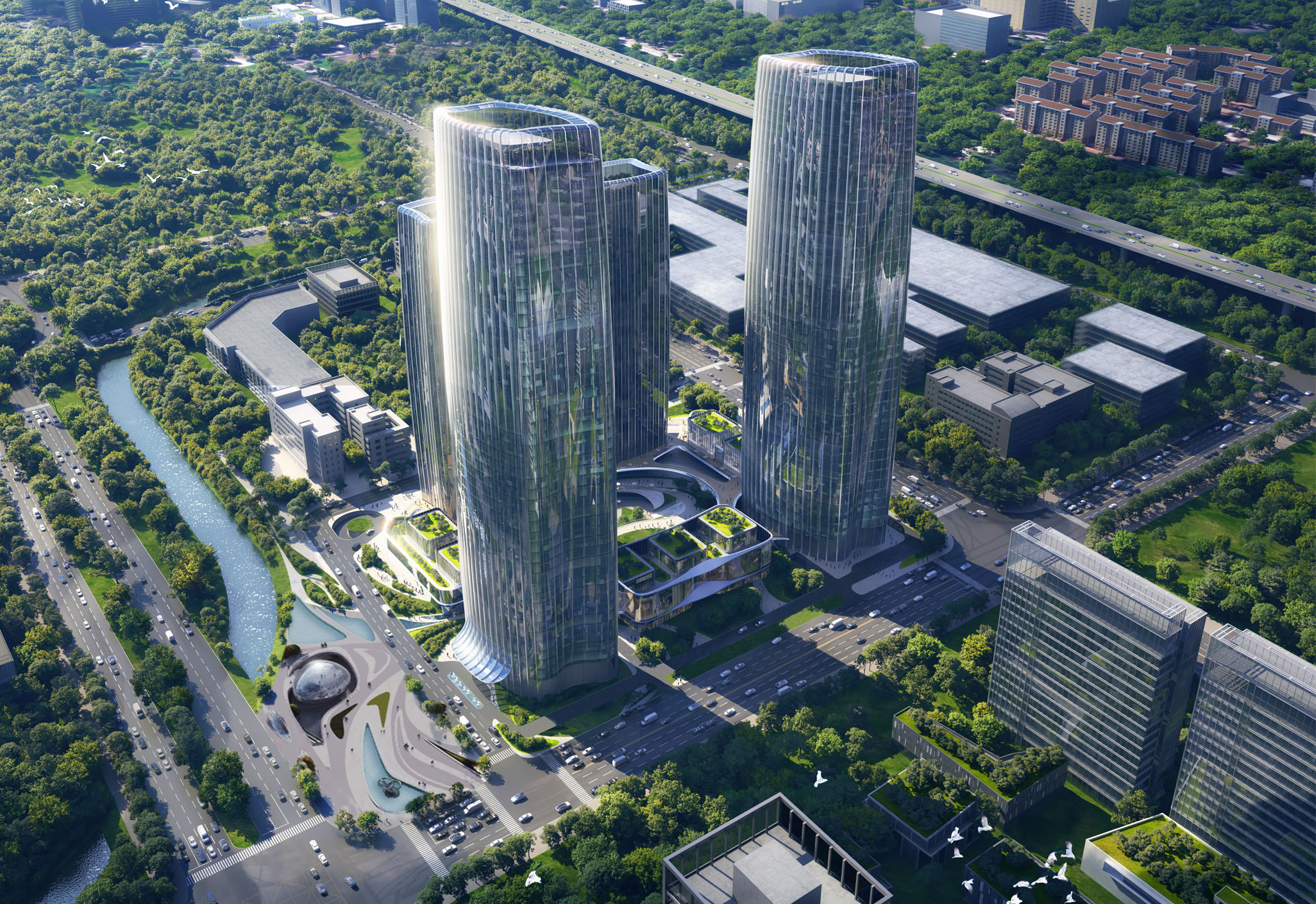 Aedas’s Greater Bay Area (Guangzhou) Technology Finance Centre is shown as a high‑density mixed‑use development with four rounded twin towers rising from an interconnected podium and sunken central plaza. The aerial view highlights fluid vertical forms, extensive glazing, and landscape‑integrated public space set within Guangzhou’s Huangpu District.