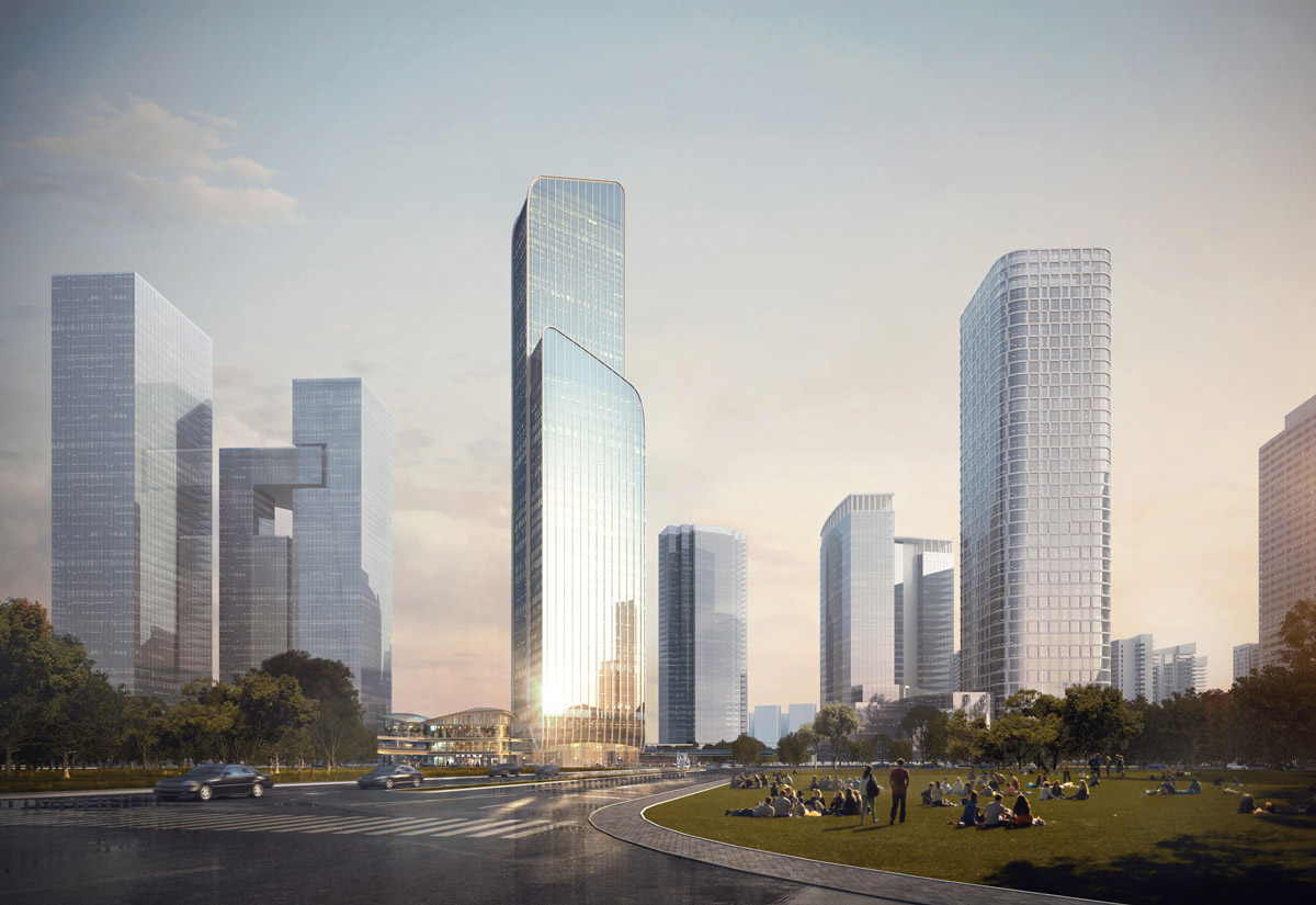 Aedas’s Hengqin Huafa Insurance Finance Headquarters is shown as a tall financial‑district tower with a sculpted curvilinear silhouette and continuous glazed façade. The perspective highlights twin upward‑sweeping curves forming a dynamic vertical profile, integrated into a high‑density CBD skyline with surrounding mid‑rise and high‑rise office buildings.