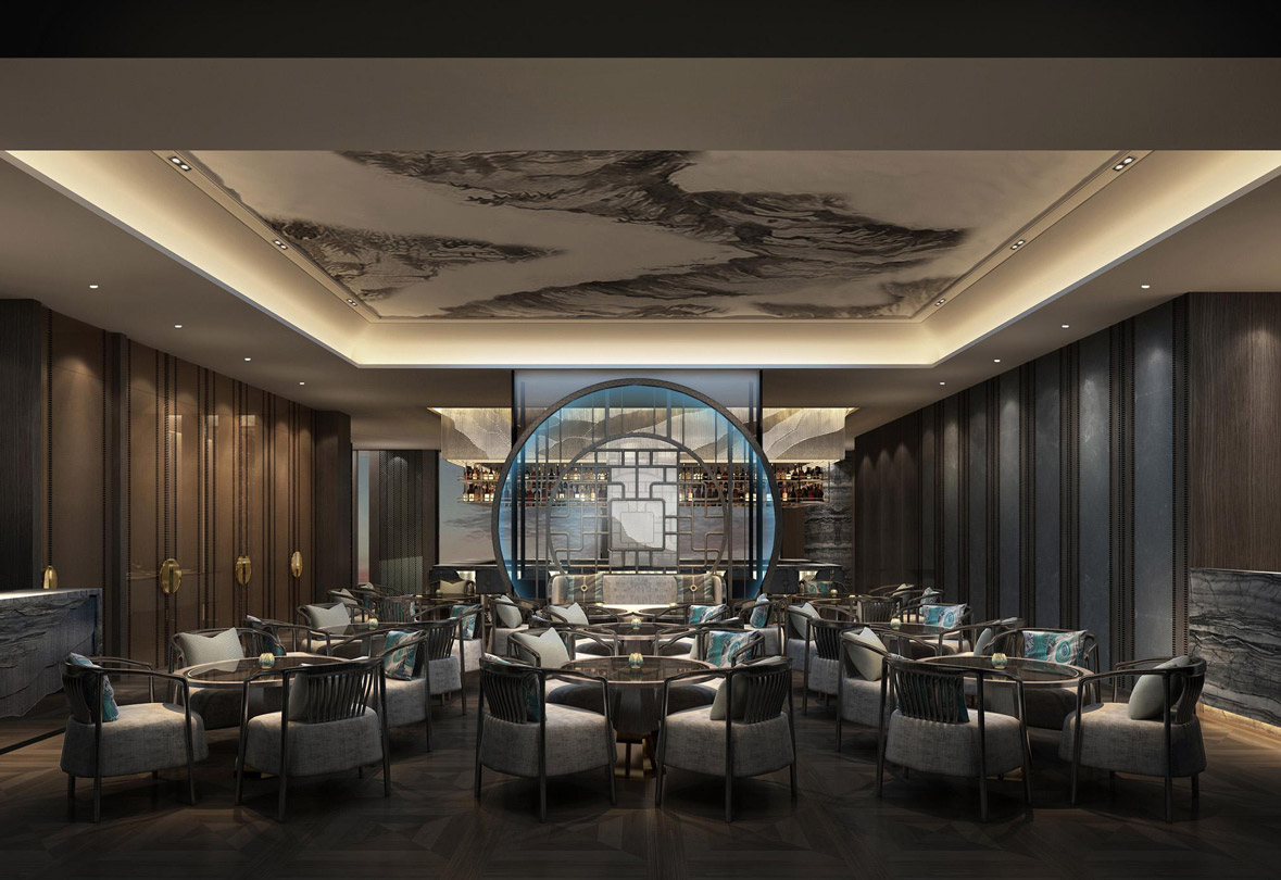 Aedas Interiors’ Chuan at The Pointe, Palm Jumeirah in Dubai is shown as an elegant dining interior with circular seating arrangements, a dramatic ink‑wash–inspired ceiling mural, dark timber wall panels, and a central moon‑gate feature. The image highlights refined hospitality architecture blending contemporary luxury with Chinese cultural motifs and intimate spatial composition.