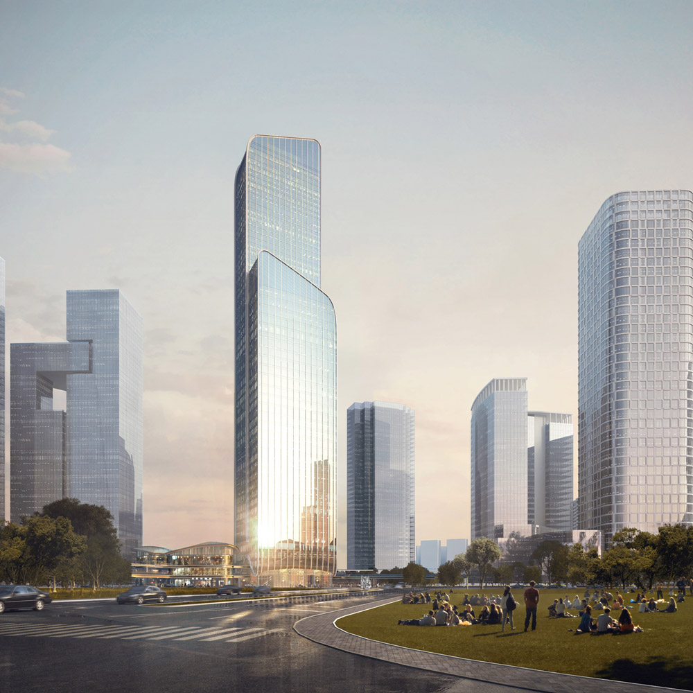 Aedas’s Hengqin Huafa Insurance Finance Headquarters is shown as a tall financial‑district tower with a sculpted curvilinear silhouette and continuous glazed façade. The perspective highlights twin upward‑sweeping curves forming a dynamic vertical profile, integrated into a high‑density CBD skyline with surrounding mid‑rise and high‑rise office buildings.