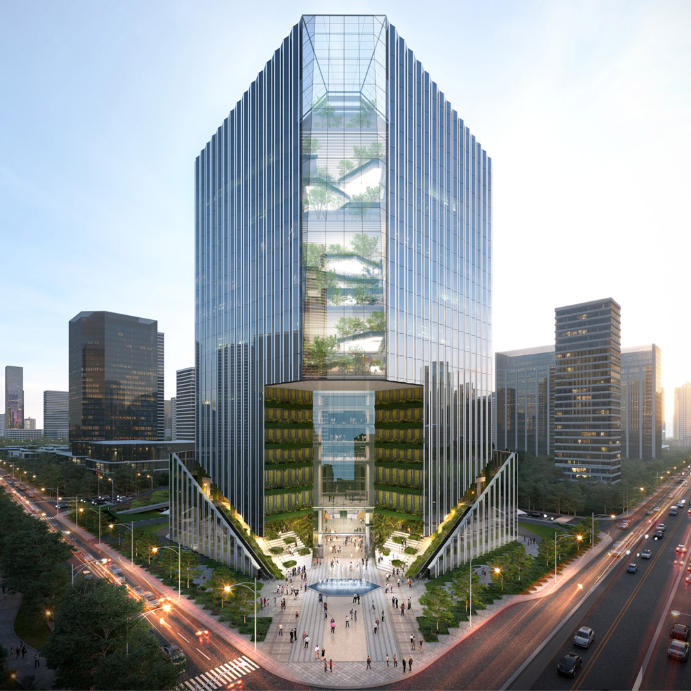 Aedas’ Jiaozi Park B07 headquarters tower with faceted glass curtain wall and lifted public plaza in Chengdu. Aerial view of an Aedas‑designed headquarters office tower in Chengdu’s Jiaozi Park Business District, featuring a symmetrical, faceted massing wrapped in floor‑to‑ceiling glass curtain wall. The tower rises above a landscaped, lifted podium that opens into a central public plaza, framed by tree‑lined boulevards and surrounding office developments.