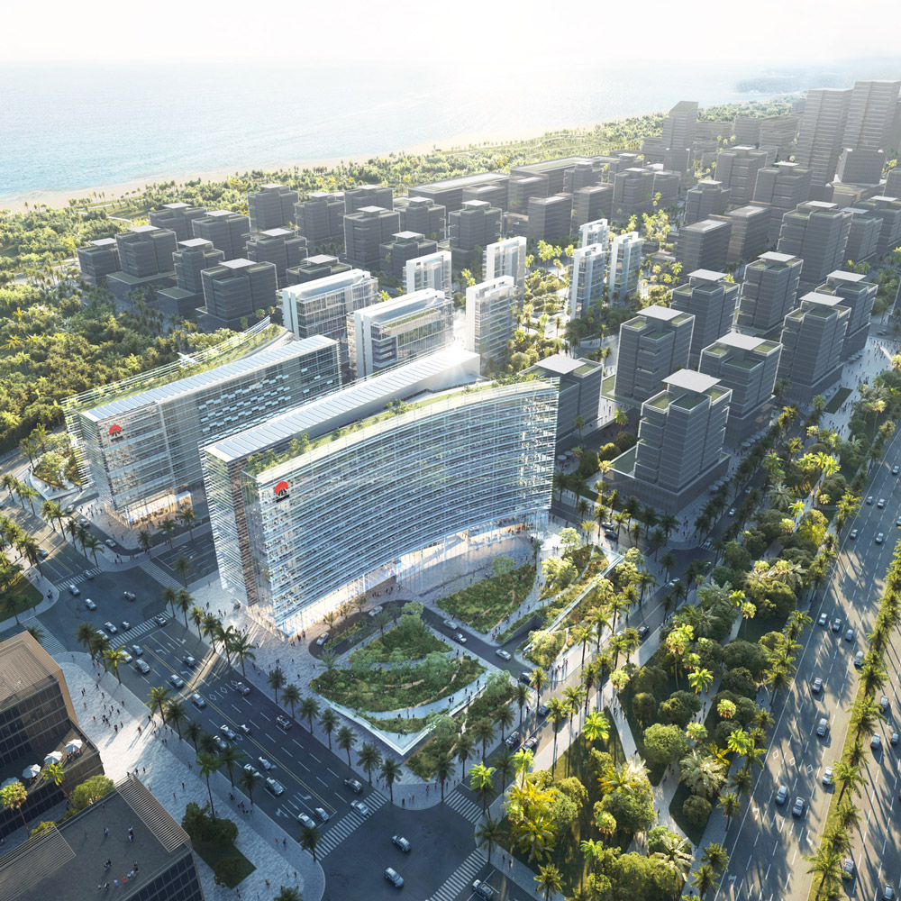 Aedas’ Jiangdong New Zone campus with linear office blocks, glazed façades and tropical landscaping along Haikou’s coast. Aerial view of an Aedas‑designed mixed‑use development in Haikou Jiangdong New Zone, showing elongated office blocks with floor‑to‑ceiling glass façades and systematic linear massing. South‑facing towers are oriented toward the coastline, while landscaped plazas, pedestrian corridors and adjacent residential blocks organise circulation within a tropical urban grid.
