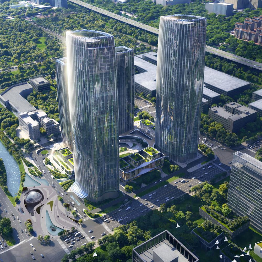 Aedas’s Greater Bay Area (Guangzhou) Technology Finance Centre is shown as a high‑density mixed‑use development with four rounded twin towers rising from an interconnected podium and sunken central plaza. The aerial view highlights fluid vertical forms, extensive glazing, and landscape‑integrated public space set within Guangzhou’s Huangpu District.