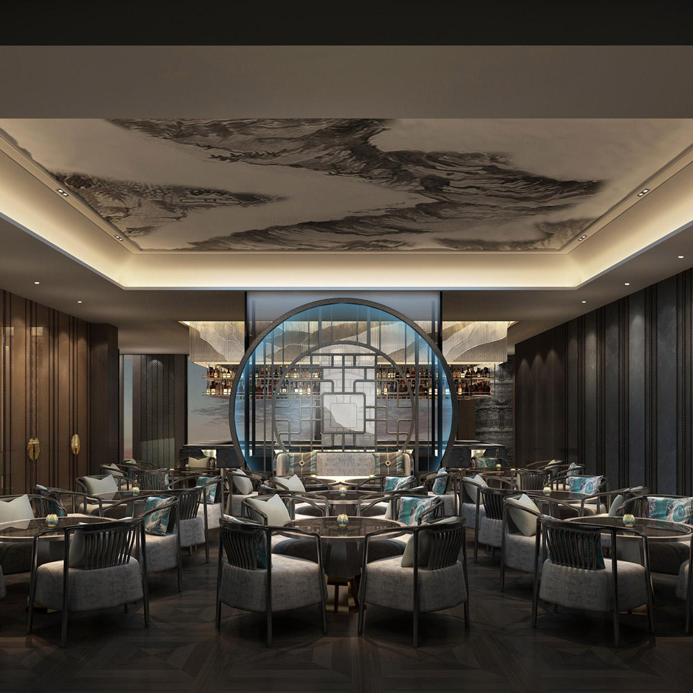 Aedas Interiors’ Chuan at The Pointe, Palm Jumeirah in Dubai is shown as an elegant dining interior with circular seating arrangements, a dramatic ink‑wash–inspired ceiling mural, dark timber wall panels, and a central moon‑gate feature. The image highlights refined hospitality architecture blending contemporary luxury with Chinese cultural motifs and intimate spatial composition.