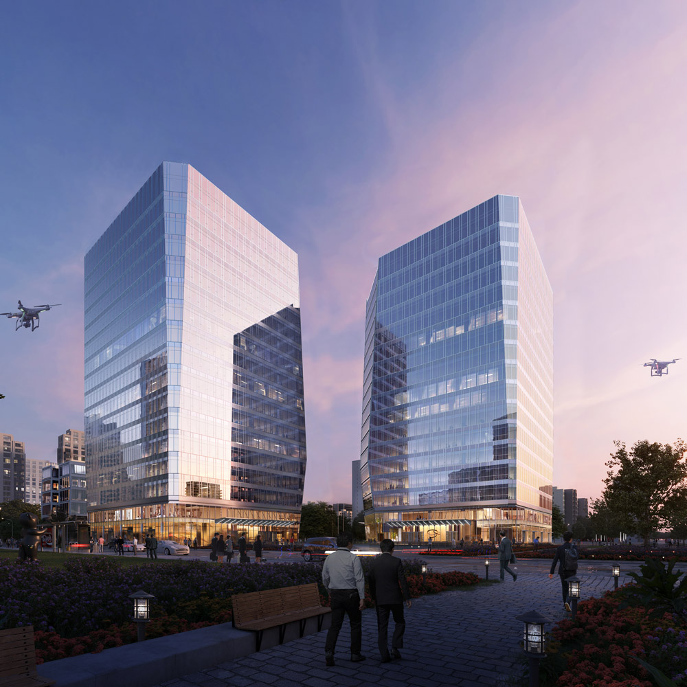 Aedas’ Shougang Southeast Parcel 769 twin Grade‑A office towers with faceted glass façades and shared podium plaza. Dusk‑time street view of Aedas‑designed Shougang Southeast Parcel 769 in Beijing, showing two high‑rise office towers with chamfered corners and floor‑to‑ceiling glass curtain walls. The twin towers rise from a low‑rise podium with transparent ground‑floor frontage, forming a unified corporate headquarters setting framed by landscaped public space and surrounding urban development.