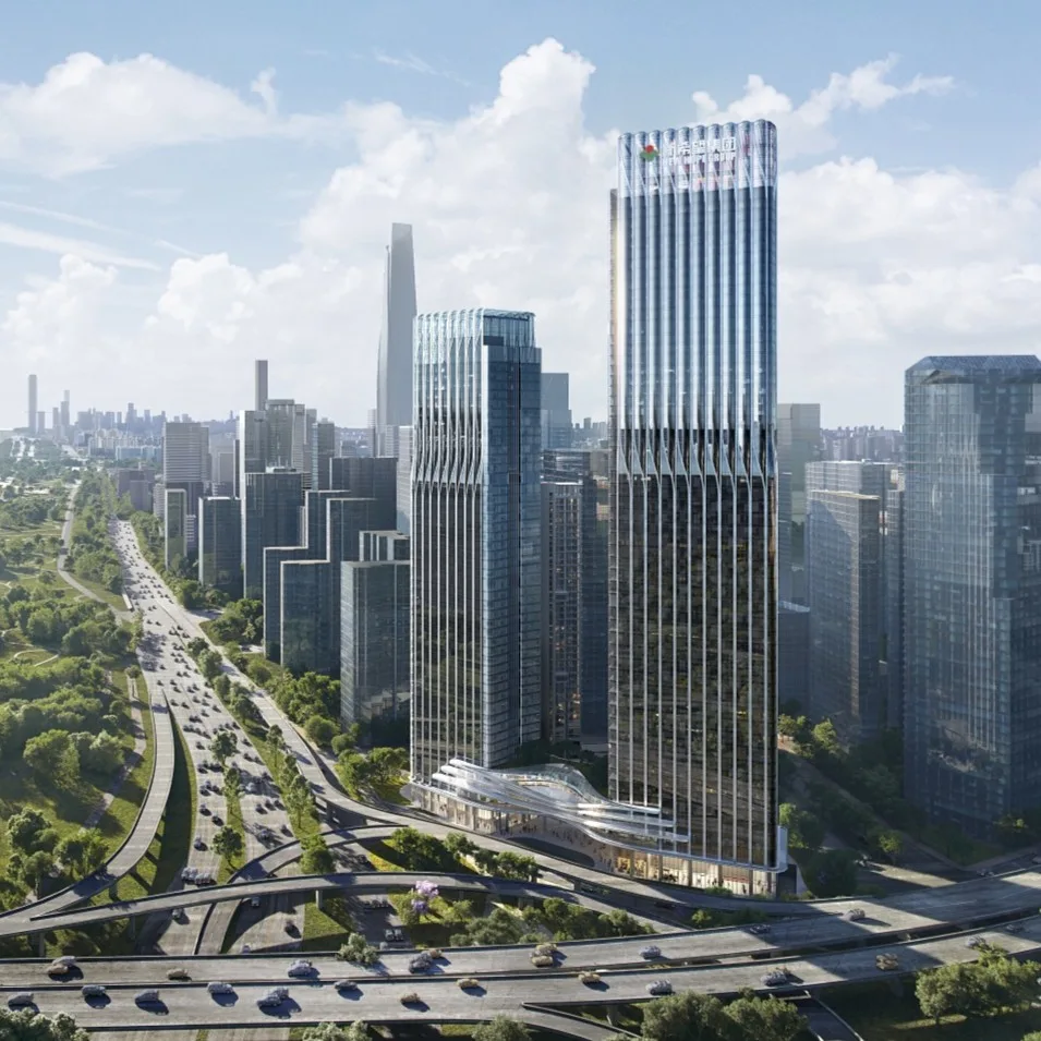 Aedas’ New Hope Central China headquarters with twin glass towers and riverfront podium along the Yangtze in Wuhan. Aerial riverfront view of the Aedas‑ and Do Design‑designed New Hope Central China Regional Headquarters in Wuhan. The development features a tall primary tower and a secondary office tower clad in floor‑to‑ceiling glass curtain walls, connected by a retail podium and overlooking a landscaped Yangtze River parkway and major urban transport corridors.