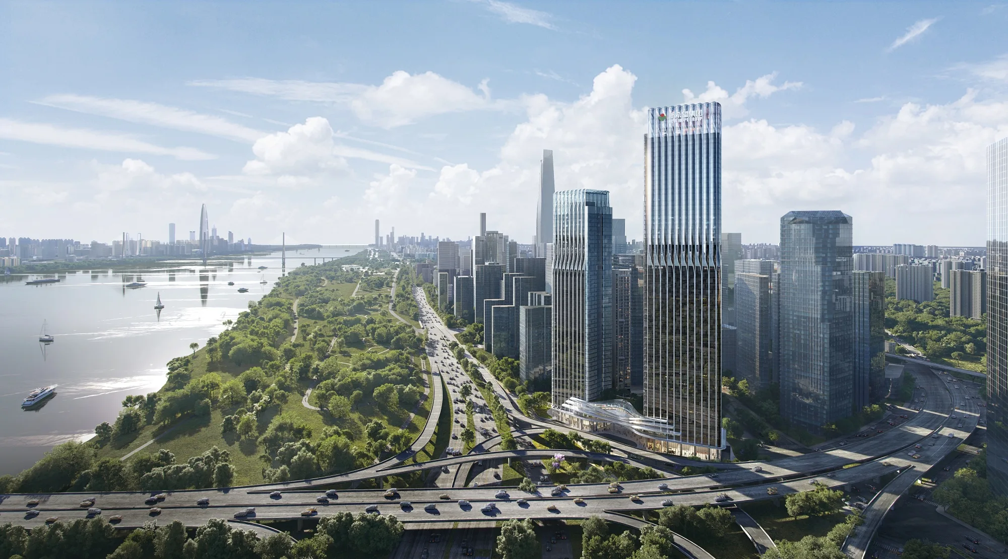 Aedas’ New Hope Central China headquarters with twin glass towers and riverfront podium along the Yangtze in Wuhan. Aerial riverfront view of the Aedas‑ and Do Design‑designed New Hope Central China Regional Headquarters in Wuhan. The development features a tall primary tower and a secondary office tower clad in floor‑to‑ceiling glass curtain walls, connected by a retail podium and overlooking a landscaped Yangtze River parkway and major urban transport corridors.
