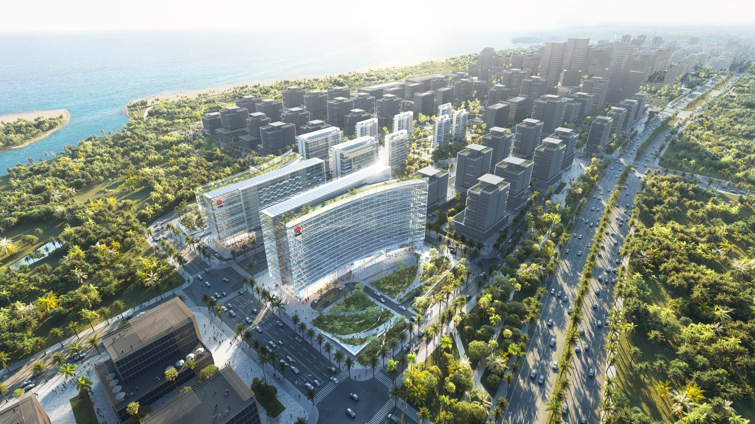 Aedas’ Jiangdong New Zone campus with linear office blocks, glazed façades and tropical landscaping along Haikou’s coast. Aerial view of an Aedas‑designed mixed‑use development in Haikou Jiangdong New Zone, showing elongated office blocks with floor‑to‑ceiling glass façades and systematic linear massing. South‑facing towers are oriented toward the coastline, while landscaped plazas, pedestrian corridors and adjacent residential blocks organise circulation within a tropical urban grid.