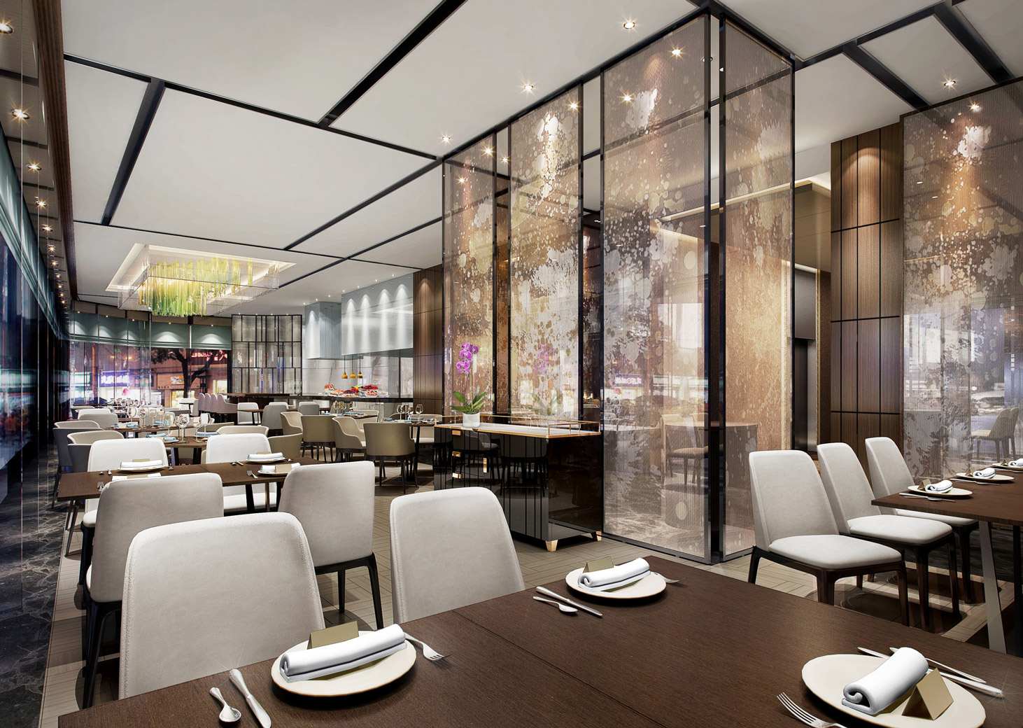 Aedas Interiors’ Hilton Garden Inn Mongkok is shown as a calm, contemporary dining and lounge interior featuring light‑toned upholstered seating, dark timber tables, and full‑height patterned glass partitions. The image highlights a restful hospitality environment with understated materials, soft lighting, and a spatial composition designed to create a garden‑like retreat within a dense urban setting.