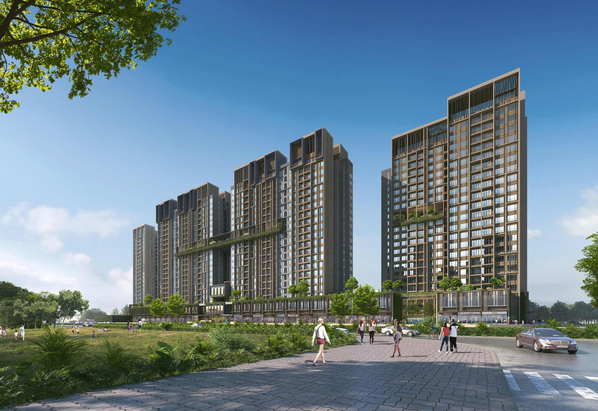 Aedas’s Celesta Heights in Ho Chi Minh City is shown as a multi‑tower residential development with vertically articulated high‑rise blocks rising from a continuous landscaped podium. The exterior highlights repetitive balcony grids, articulated tower crowns, podium‑level retail or amenity frontage, and integration with open green space and pedestrian streets.