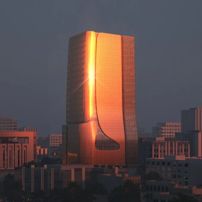 Aedas’s Taipei One is shown as a landmark office tower with a vertically undulating façade inspired by waterfall motion. The exterior features copper‑toned cladding, a contrasting concave glass section, and a semi‑exposed framing system that creates a cascading silhouette against Taipei’s urban skyline.