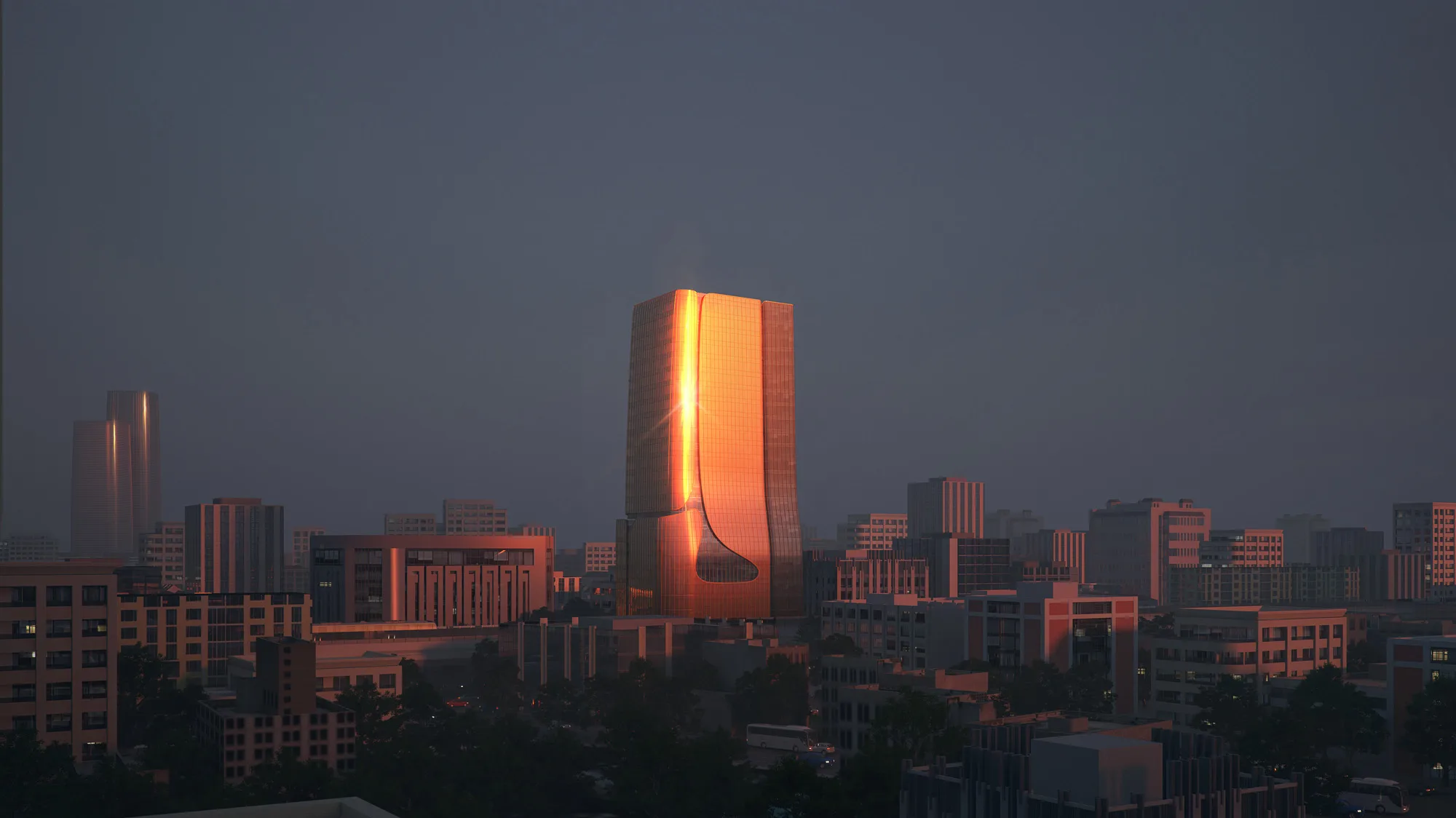 Aedas’s Taipei One is shown as a landmark office tower with a vertically undulating façade inspired by waterfall motion. The exterior features copper‑toned cladding, a contrasting concave glass section, and a semi‑exposed framing system that creates a cascading silhouette against Taipei’s urban skyline.