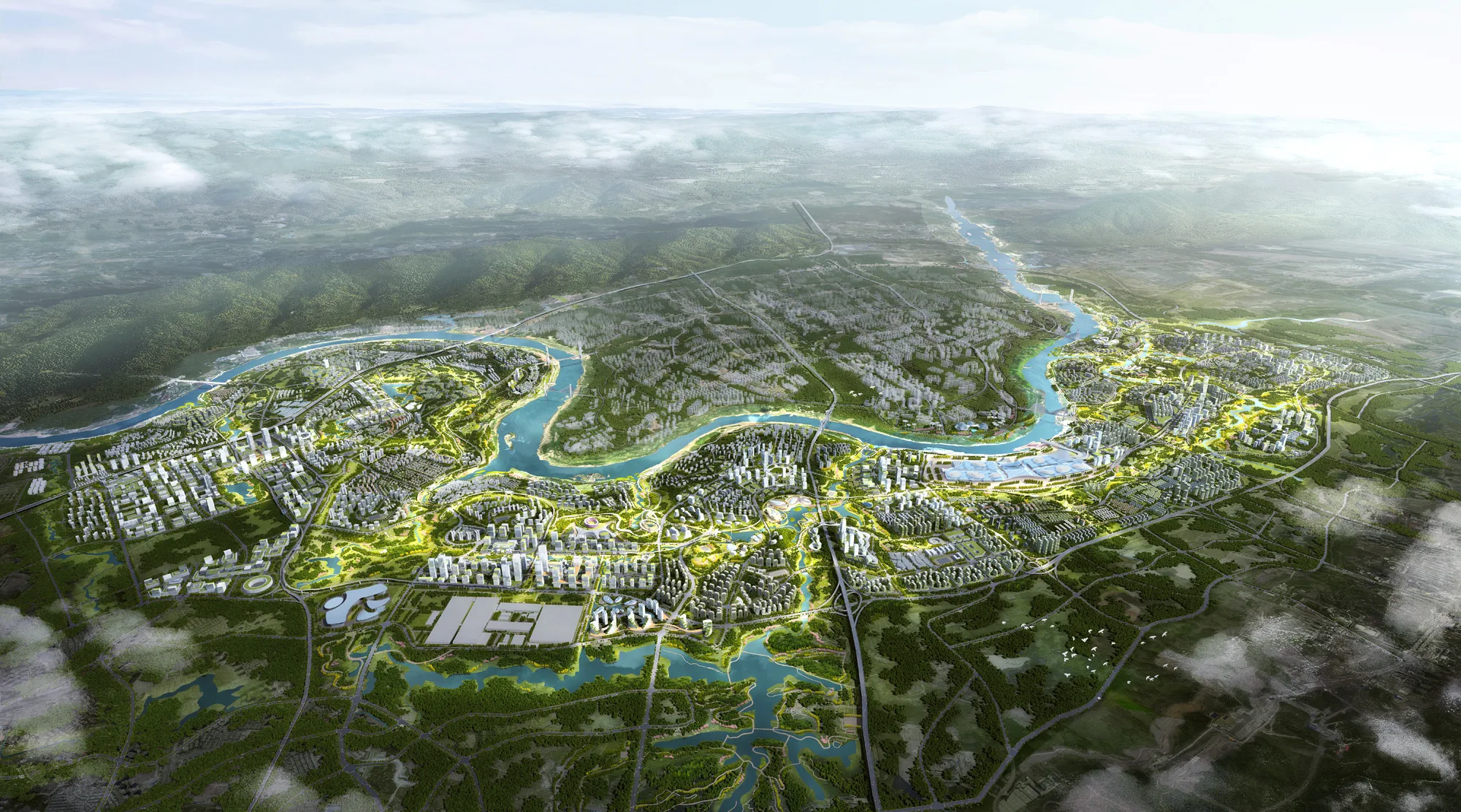 Aedas’s Chongqing Lijia‑Yuelai Smart Park masterplan is shown as an aerial landscape integrating river corridors, mixed‑use development zones, ecological buffers, and distributed urban clusters. The image highlights blue‑green infrastructure, low‑rise to mid‑rise building massing, and large‑scale sustainable urban planning adapted to Chongqing’s mountainous riverine context.