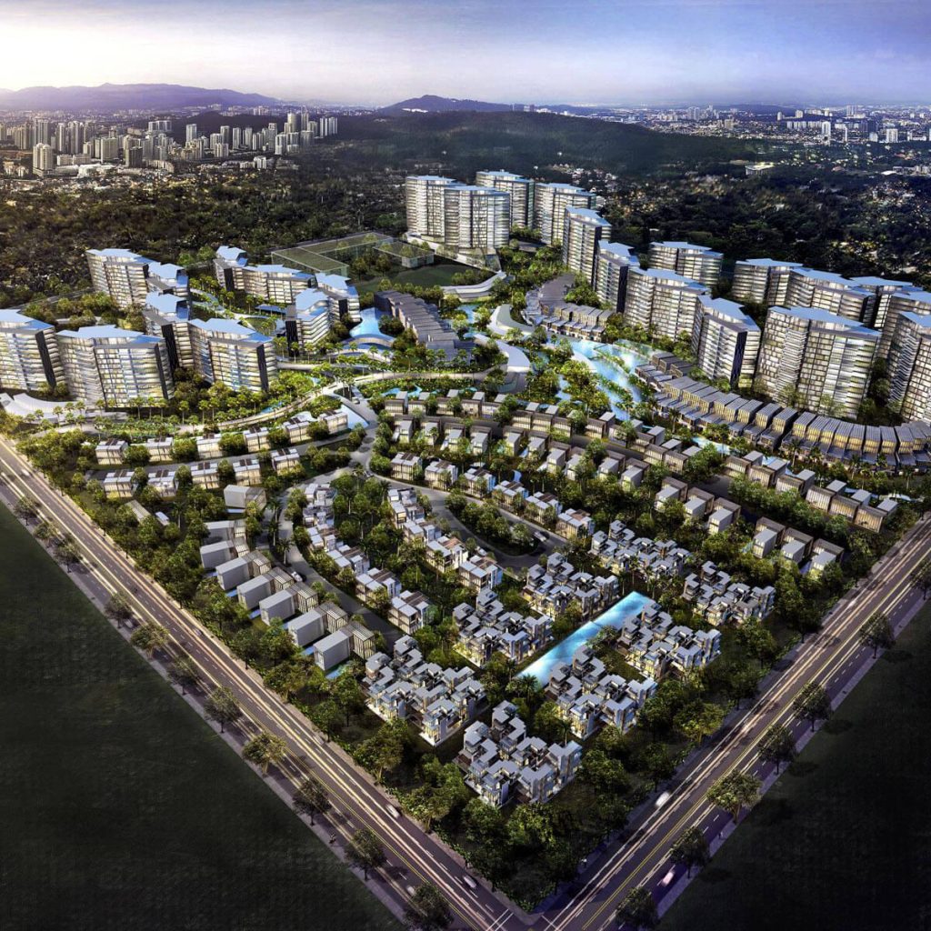 Aedas’ Nusajaya Residences Master Plan in Johor Bahru is shown as a large‑scale residential landscape with curvilinear apartment clusters, landed homes, and a central green valley spine. The aerial view highlights terraced massing arranged along natural topography, interconnected waterways, park pavilions, and clubhouses integrated within lush landscaping to create a cohesive, resort‑like residential environment.