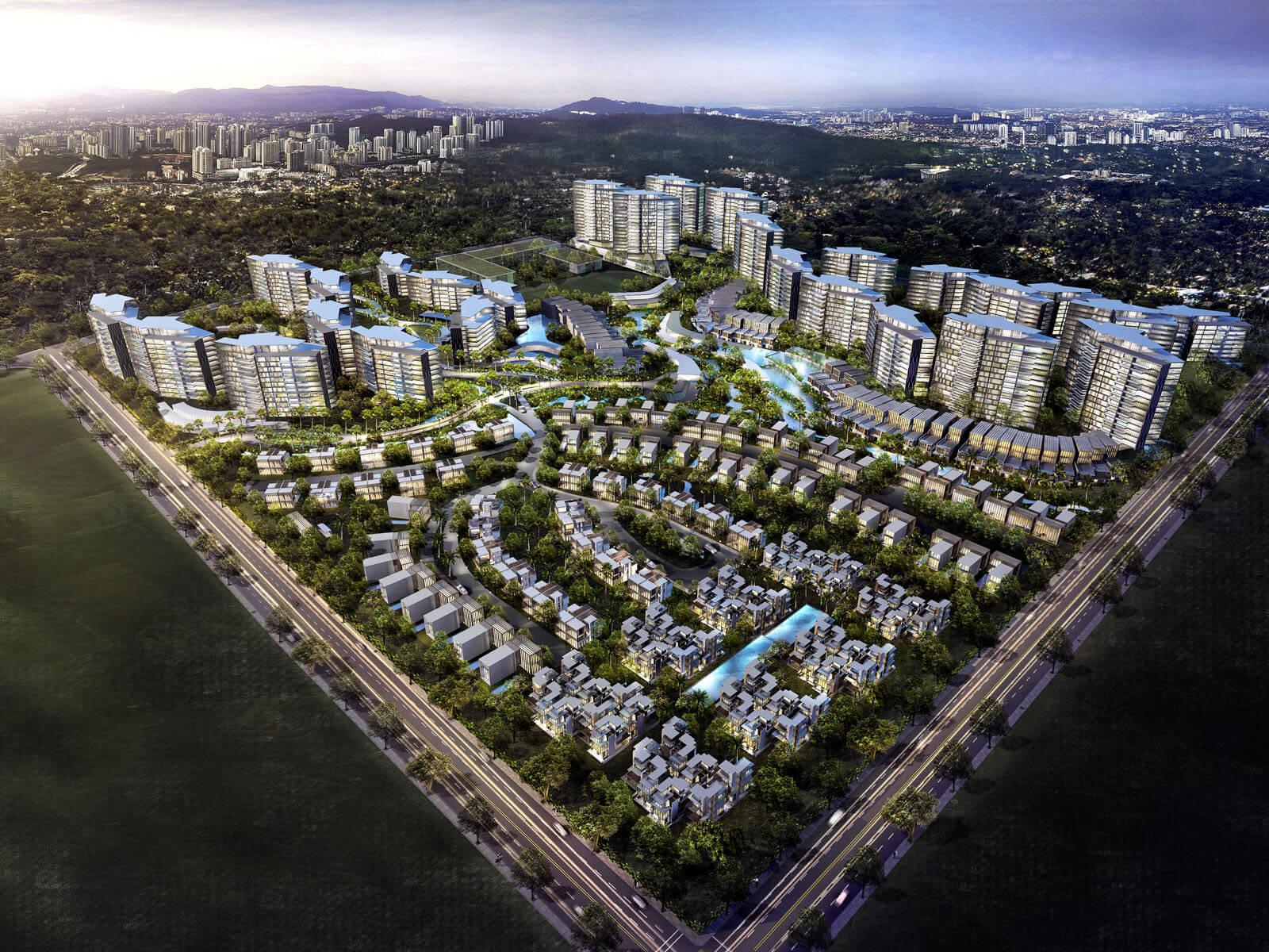 Aedas’ Nusajaya Residences Master Plan in Johor Bahru is shown as a large‑scale residential landscape with curvilinear apartment clusters, landed homes, and a central green valley spine. The aerial view highlights terraced massing arranged along natural topography, interconnected waterways, park pavilions, and clubhouses integrated within lush landscaping to create a cohesive, resort‑like residential environment.