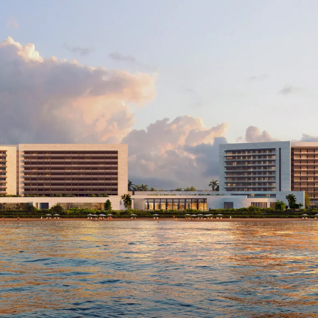 Aedas’s Haikou CGDC Haikou Hotel Project is shown as a waterfront resort complex with a dumbbell‑shaped plan, two terraced guestroom towers, and a linear podium forming an internal courtyard. The exterior highlights horizontal massing, layered balconies, and continuous façade bands facing the Qionghai Sea in Hainan.