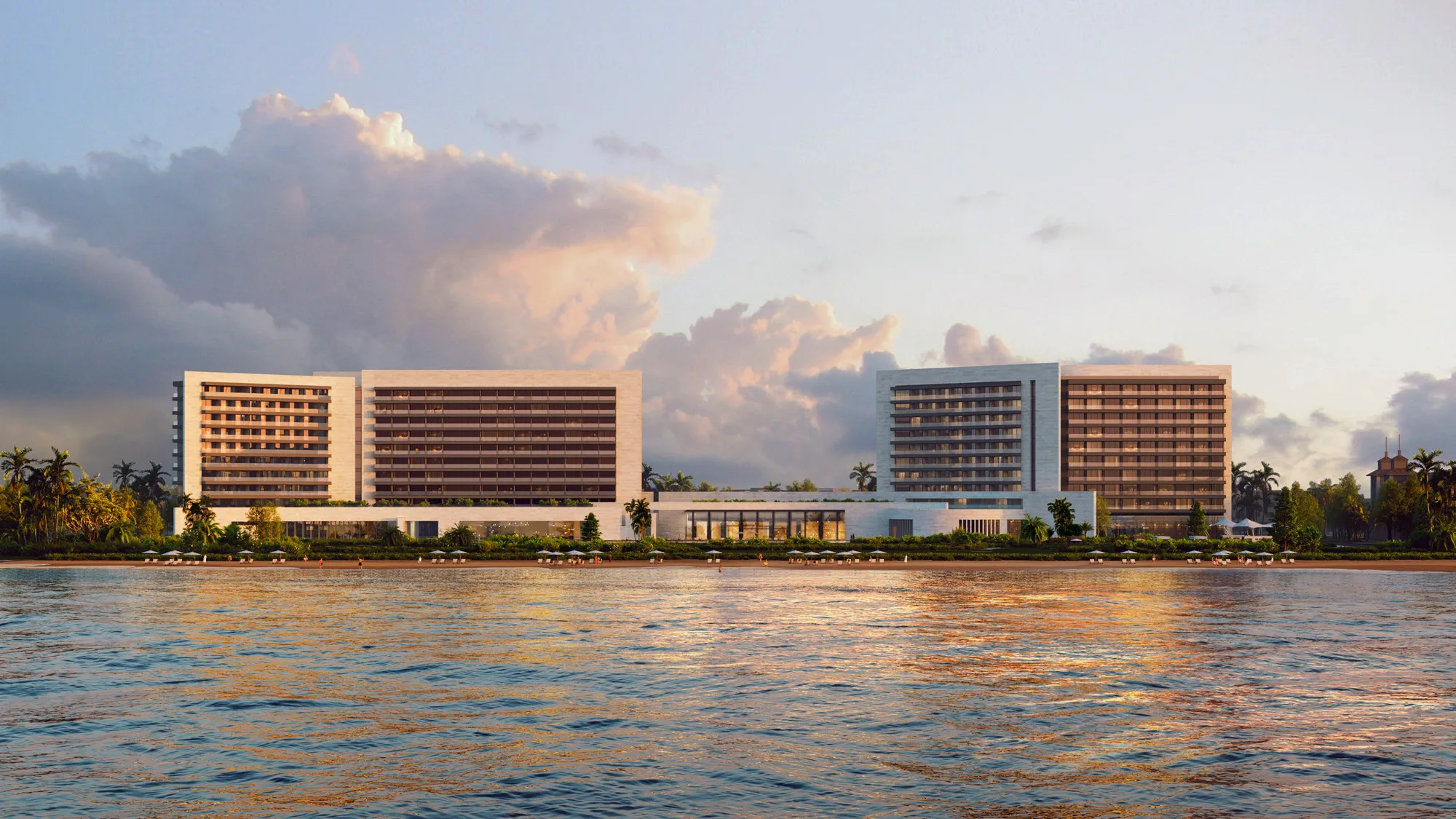 Aedas’s Haikou CGDC Haikou Hotel Project is shown as a waterfront resort complex with a dumbbell‑shaped plan, two terraced guestroom towers, and a linear podium forming an internal courtyard. The exterior highlights horizontal massing, layered balconies, and continuous façade bands facing the Qionghai Sea in Hainan.