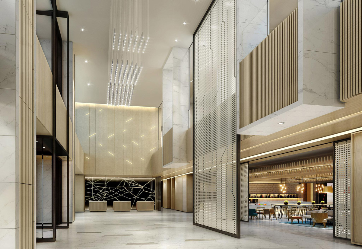 Aedas Interiors’ Courtyard by Marriott Xiamen is shown with a tall, light‑filled hotel lobby featuring marble‑clad walls, perforated metal screens, timber slat accents, and linear ceiling lights. The image highlights a contemporary resort interior that balances coastal calm with refined detailing, integrating open circulation, layered textures, and a relaxed seafront hospitality atmosphere.