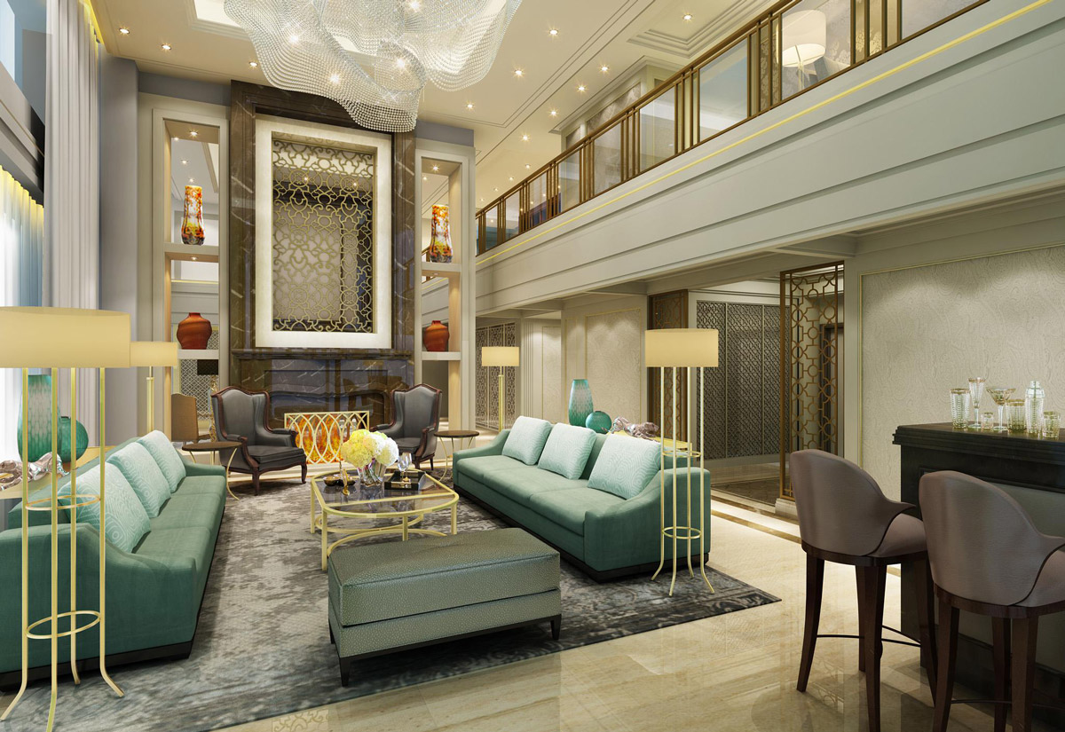 Aedas Interiors’ EPI Residences Versailles Penthouse in Shenzhen is shown as a grand double‑height living space with symmetrical seating arrangements, marble flooring, gilded metal detailing, and a sculptural chandelier suspended above. The image highlights a luxurious residential interior inspired by classical European elegance, featuring refined wall mouldings, layered lighting, and bespoke furnishings that create a formal yet inviting penthouse lounge environment.