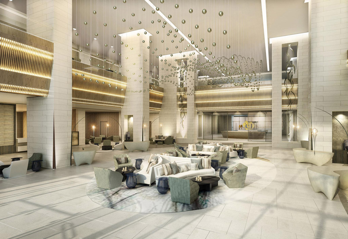Aedas Interiors’ Langham Place Doha is shown as a spacious luxury lobby lounge with sculptural hanging glass installations, pale stone flooring, and soft sculpted seating clusters. The image highlights a refined hospitality interior inspired by Qatar’s coastal and desert landscapes, blending ocean‑toned hues, organic forms, and Middle Eastern detailing to create an elegant sense of place within a contemporary urban hotel.