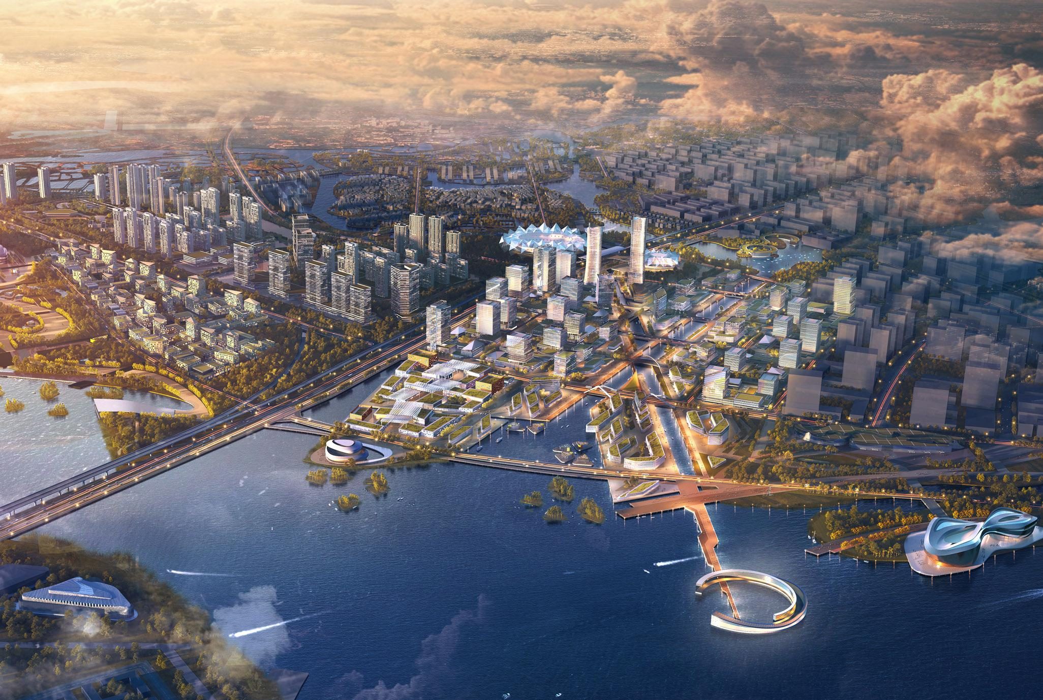 Aedas’s masterplanned urban district in Xiamen New Airport Area features high-rise mixed-use towers, podium-based blocks, multimodal transport links, and waterfront public spaces. The aerial view shows transit-oriented development, interconnected green corridors, coastal resilience zones, and dense urban fabric optimized for large-scale urban regeneration and net-zero energy design strategies.