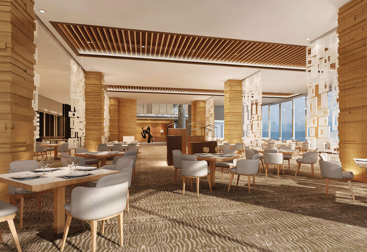Aedas Interiors’ Holiday Inn Nanjing is shown as a contemporary all‑day dining interior with warm timber columns, layered slatted ceiling panels, light‑toned upholstered chairs, and patterned carpet flooring. The image highlights a rhythmic spatial composition inspired by the Qinghuai riverfront, combining natural textures, soft lighting, and open seating to create a calm, refined hospitality environment overlooking the city.